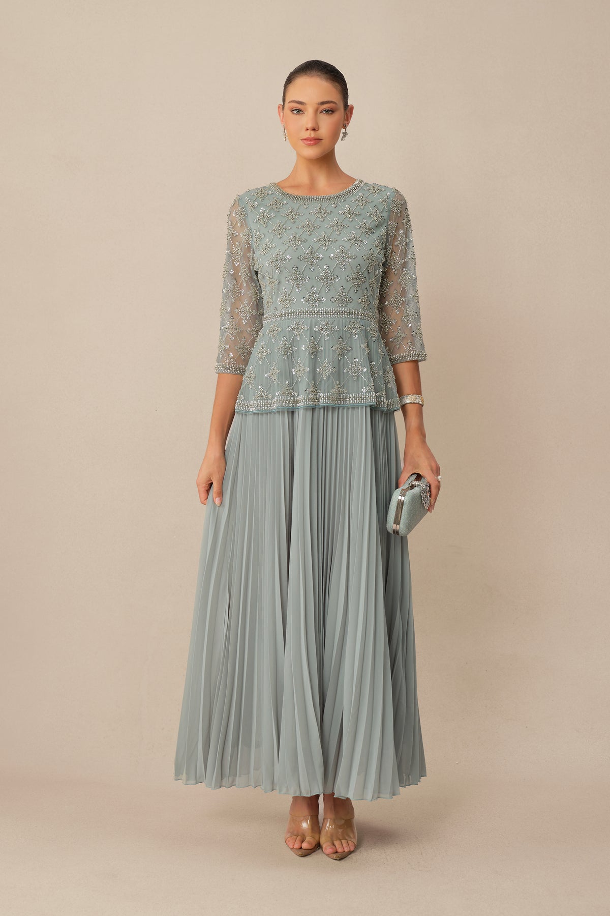 Always Invited Blue Sequin Embellished Pleated Maxi Dress