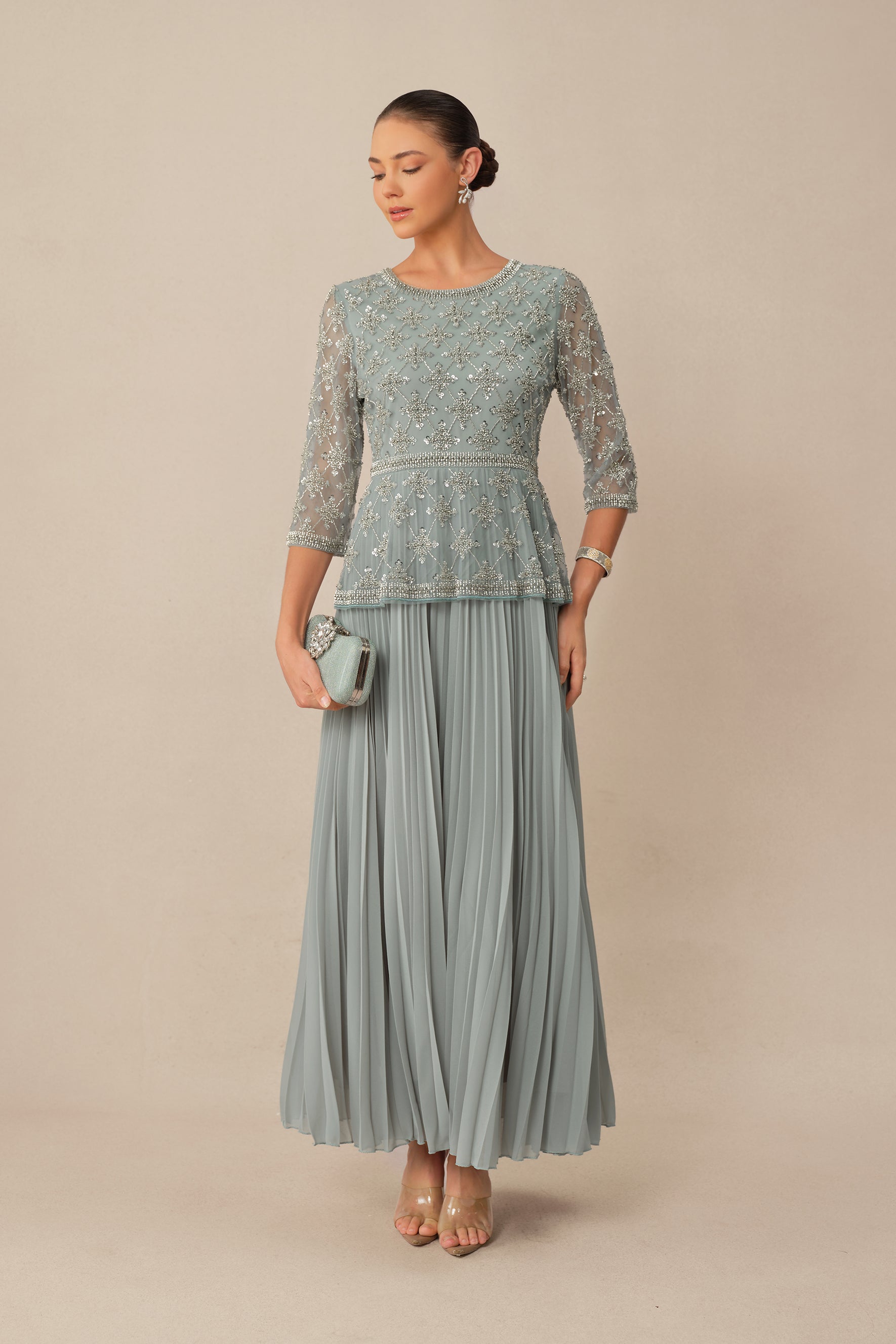 Always Invited Blue Sequin Embellished Pleated Maxi Dress