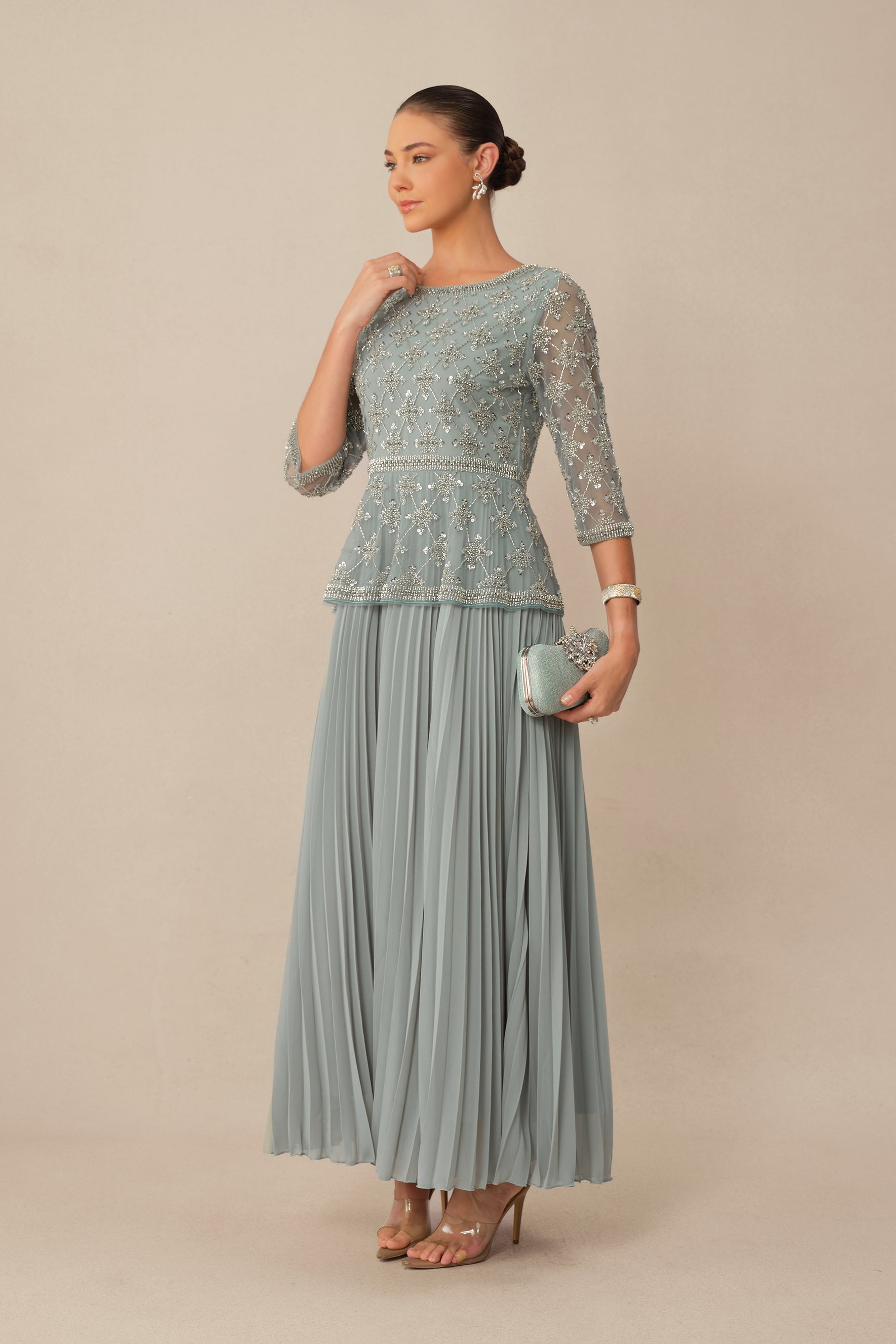 Always Invited Blue Sequin Embellished Pleated Maxi Dress