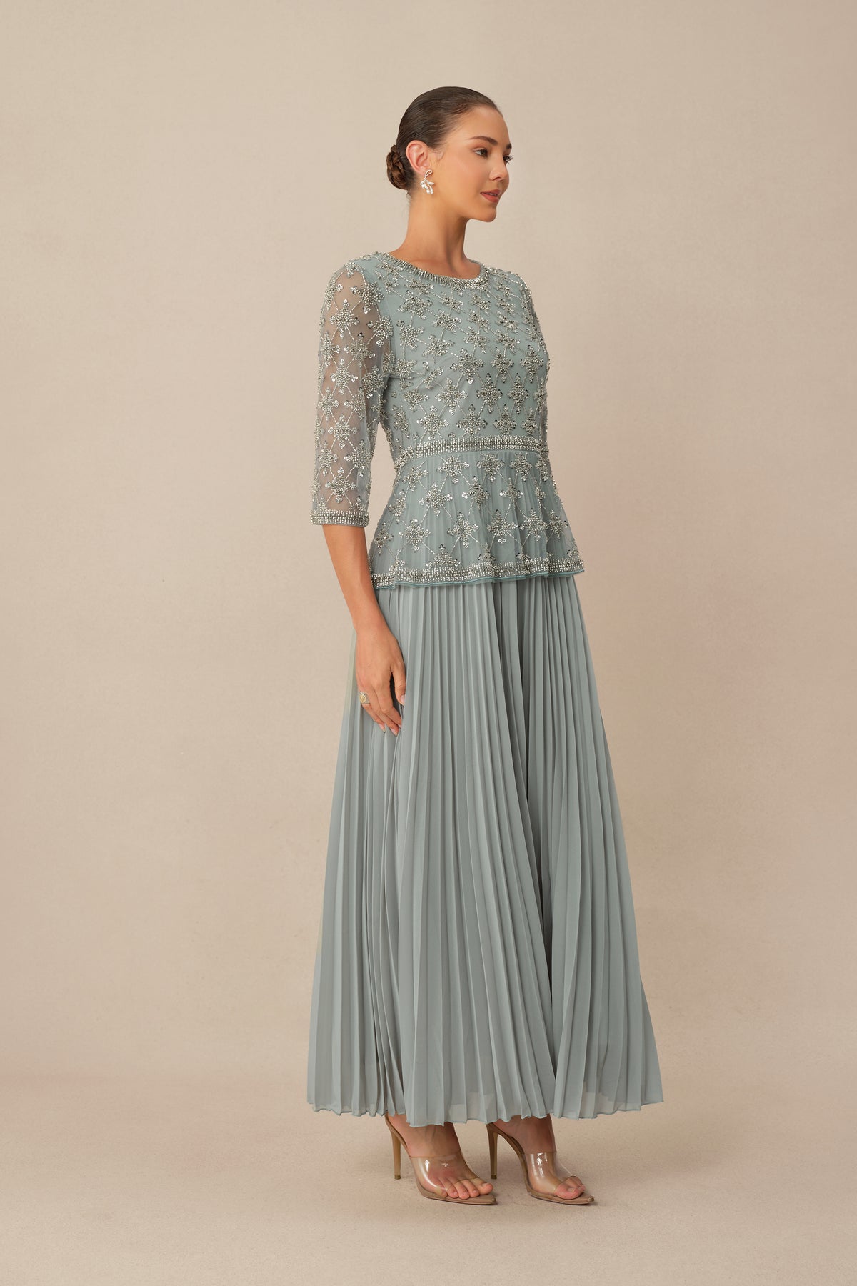 Always Invited Blue Sequin Embellished Pleated Maxi Dress