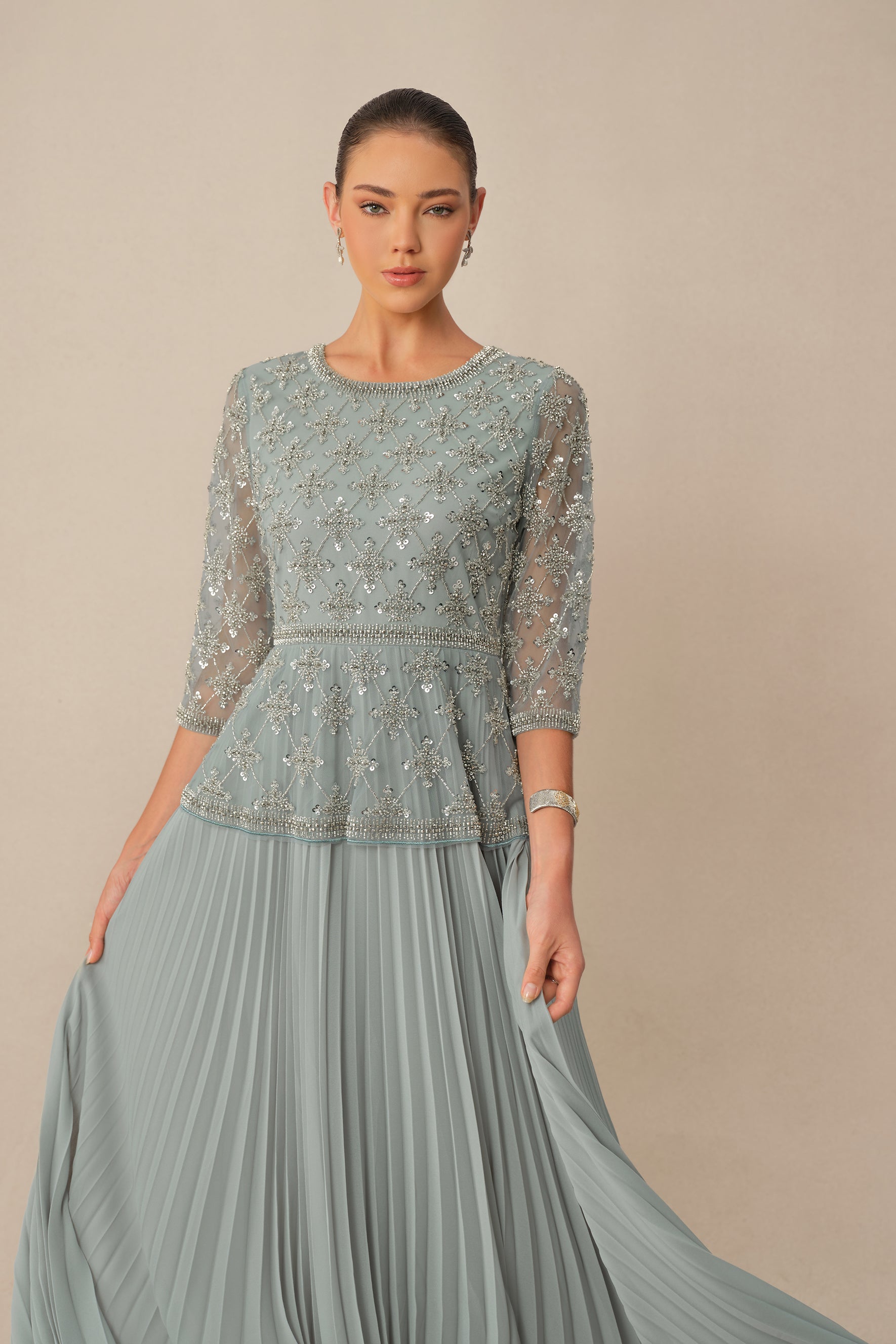 Always Invited Blue Sequin Embellished Pleated Maxi Dress