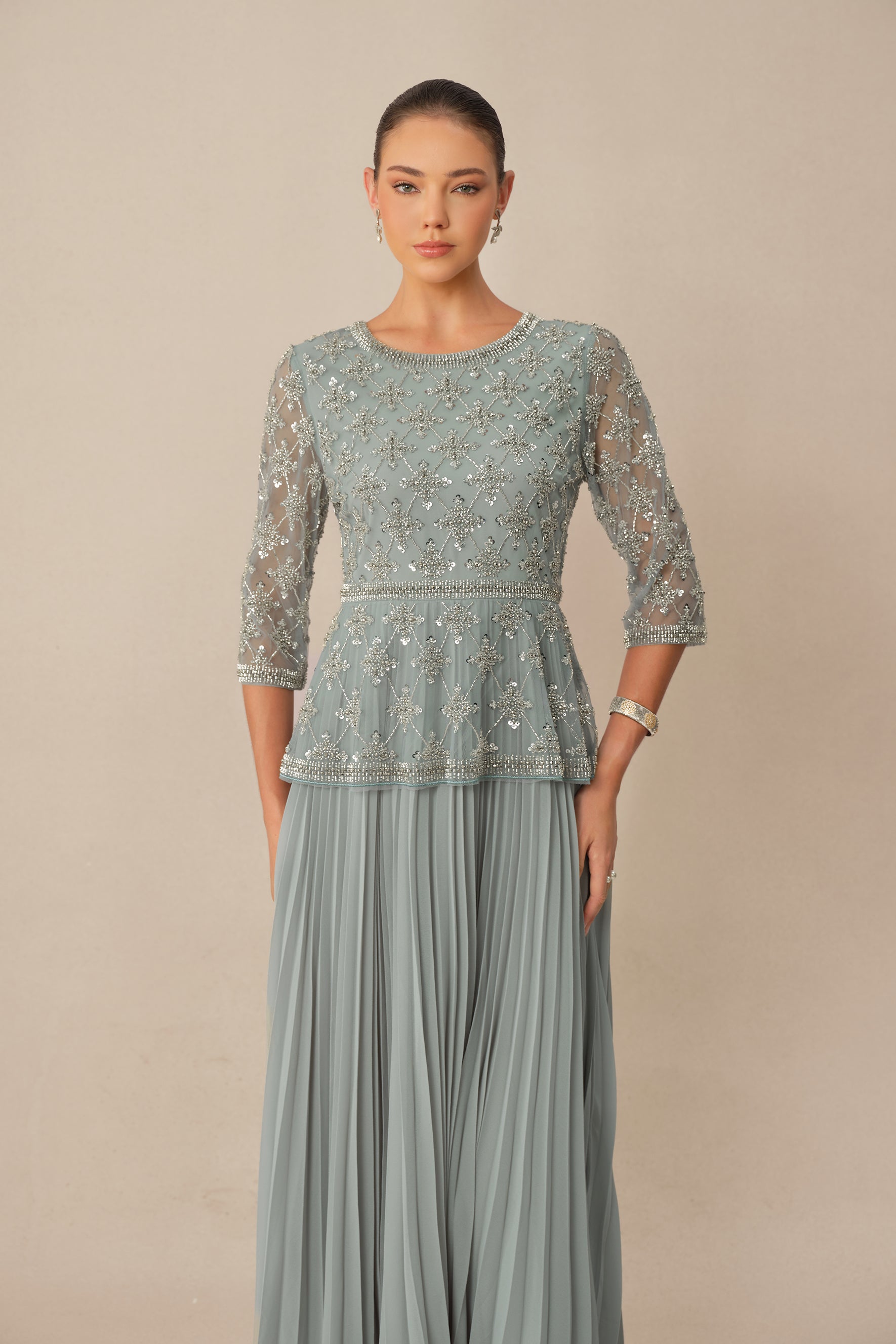 Always Invited Blue Sequin Embellished Pleated Maxi Dress