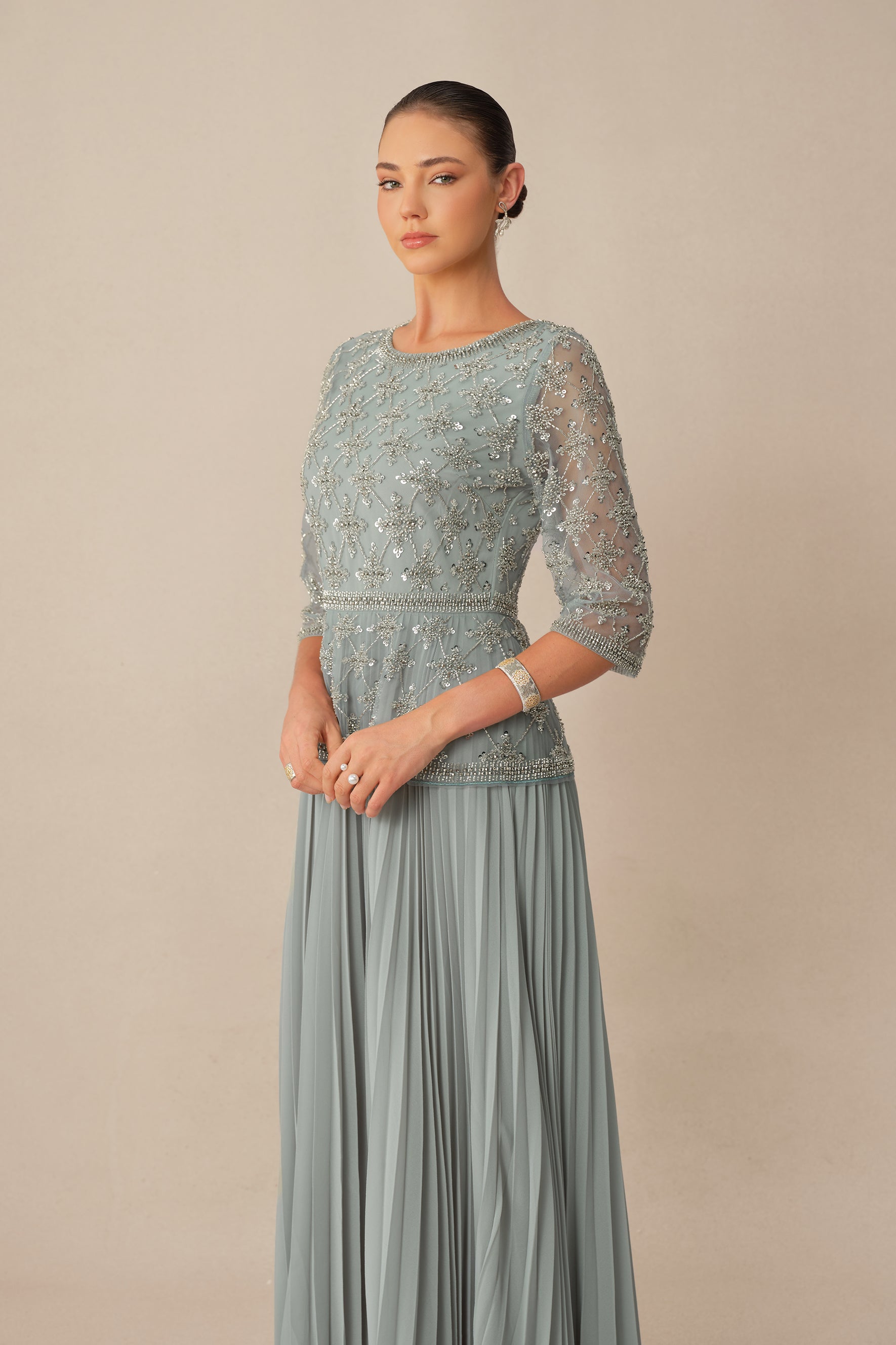 Always Invited Blue Sequin Embellished Pleated Maxi Dress