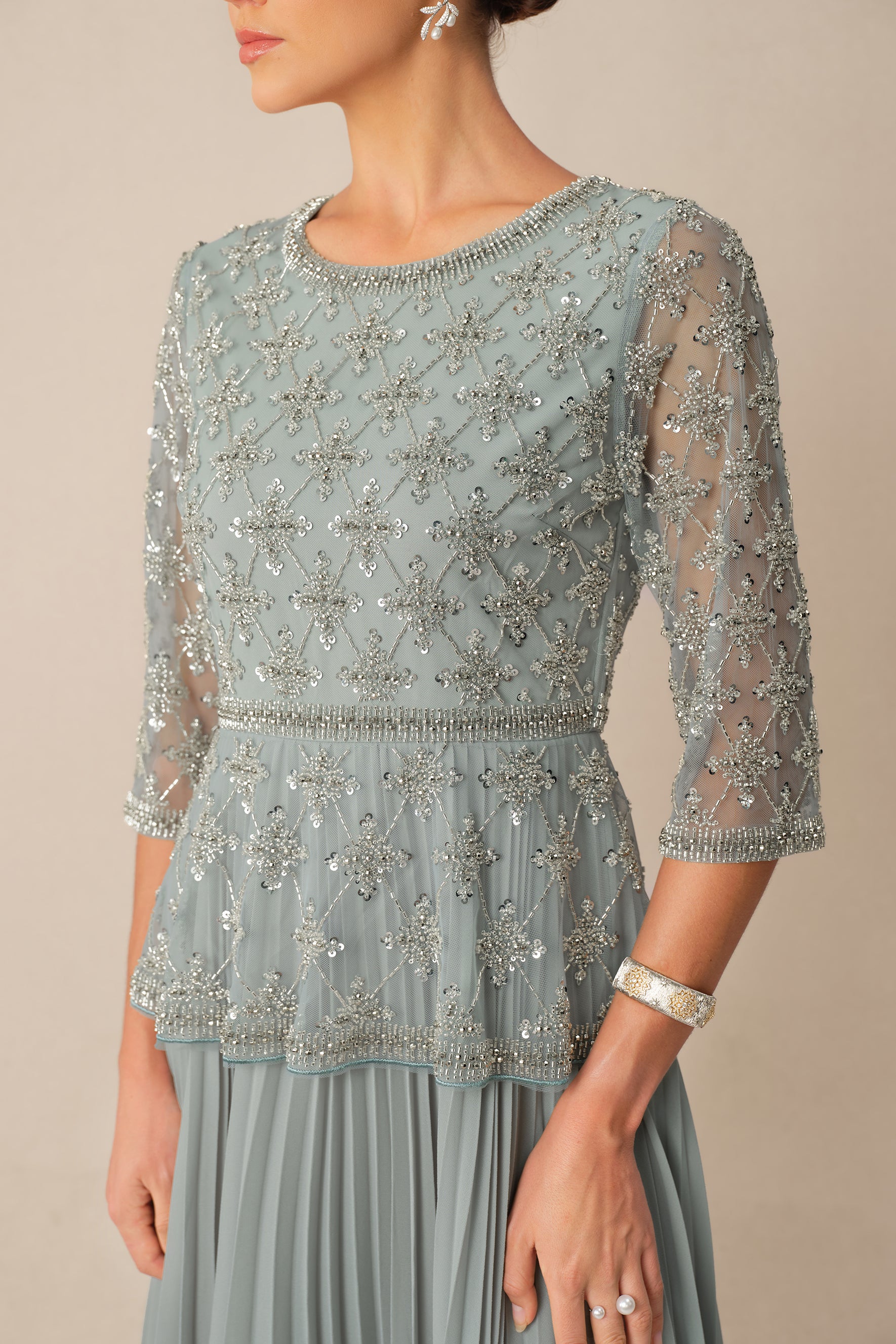 Always Invited Blue Sequin Embellished Pleated Maxi Dress