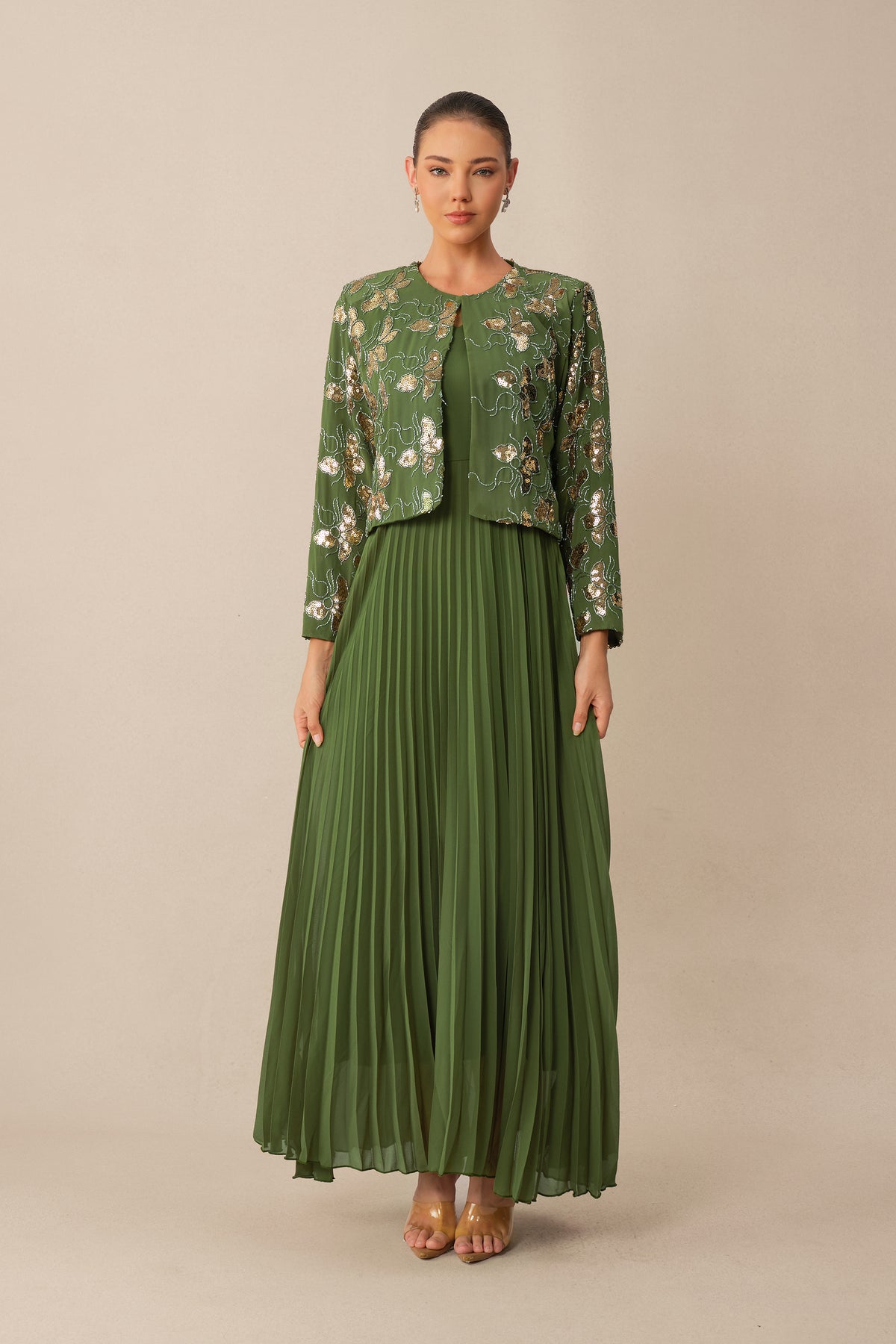 In My Element Green Sequin Floral Crop Jacket & Pleated Dress Set