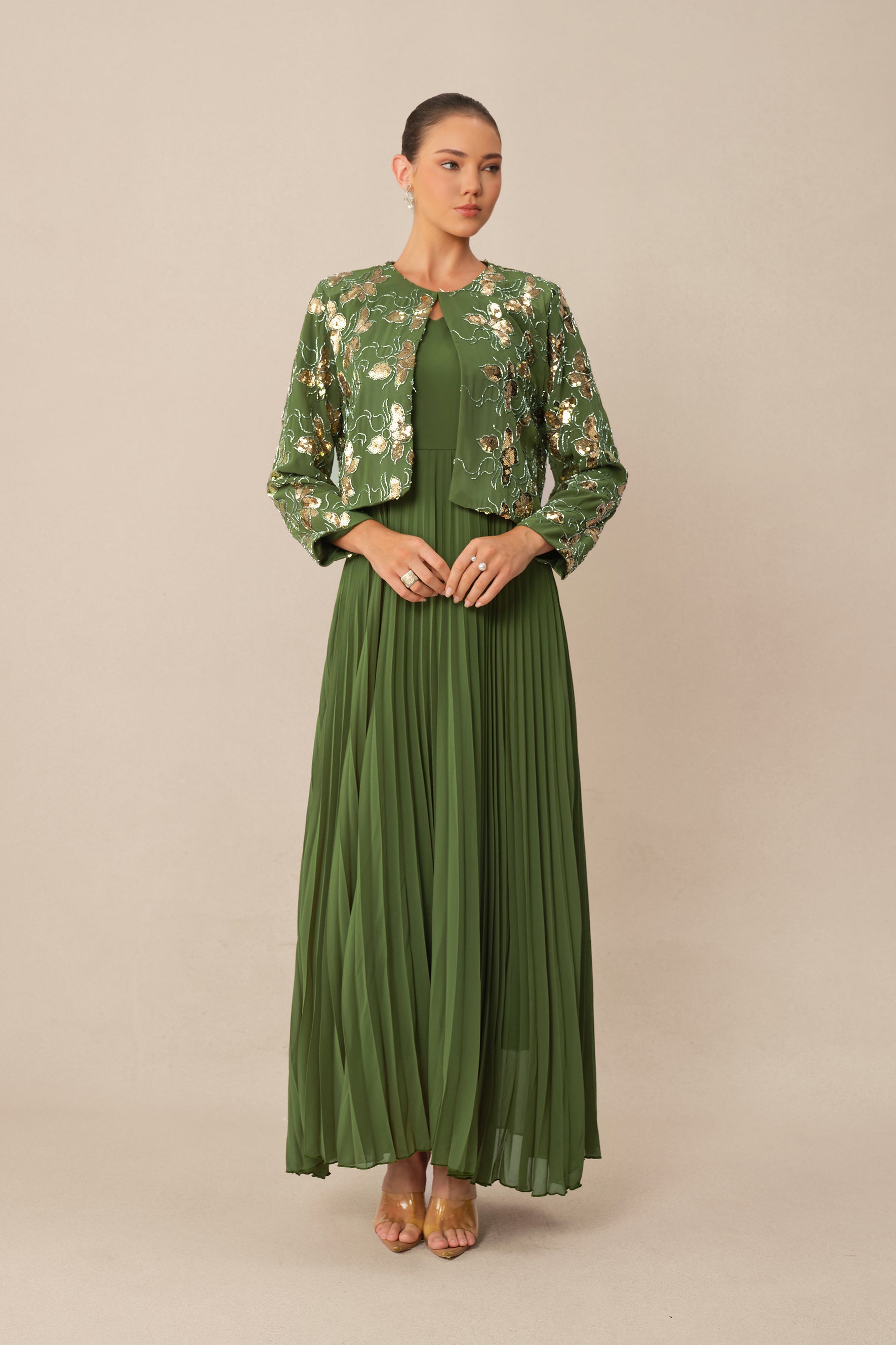 In My Element Green Sequin Floral Crop Jacket & Pleated Dress Set
