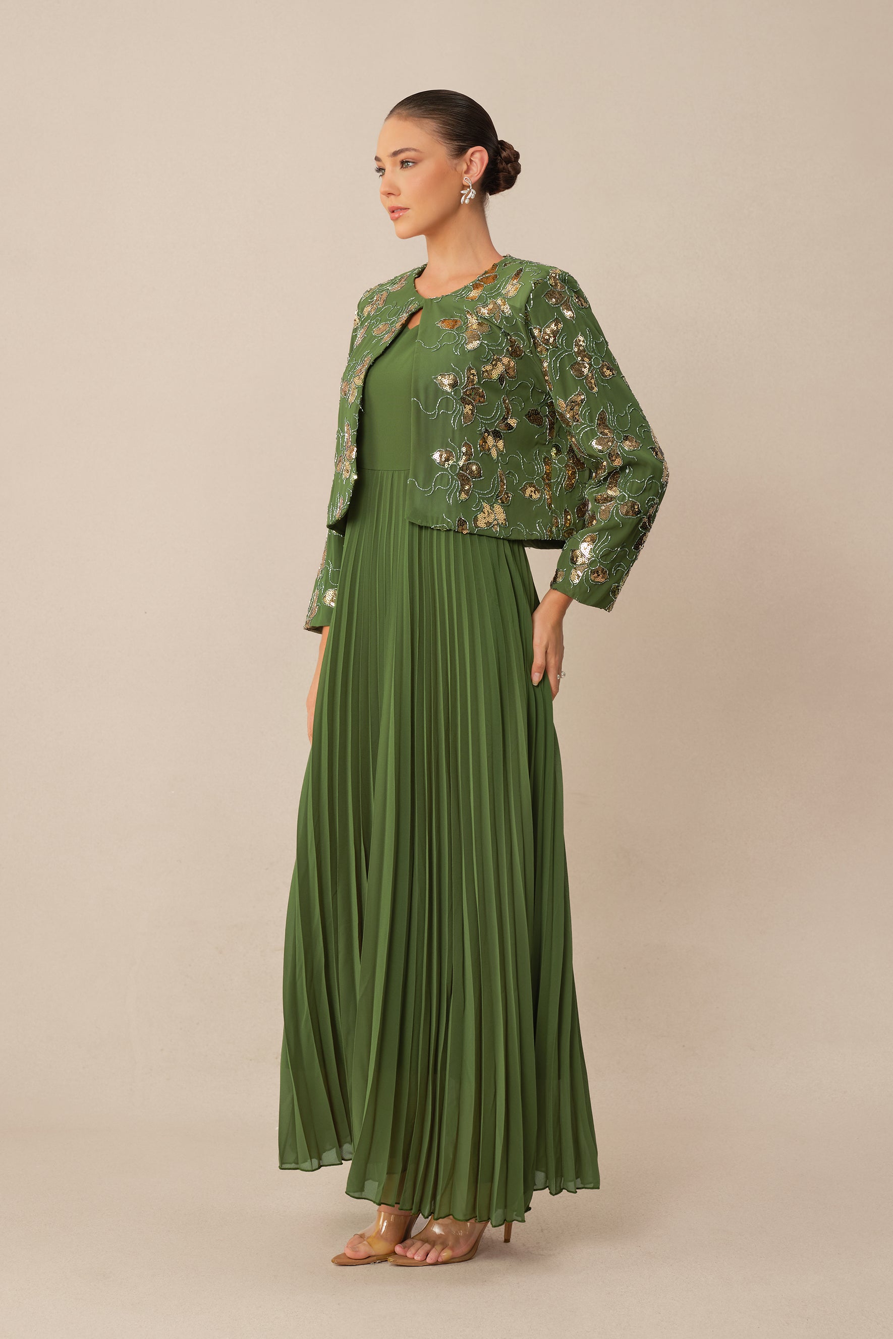 In My Element Green Sequin Floral Crop Jacket & Pleated Dress Set