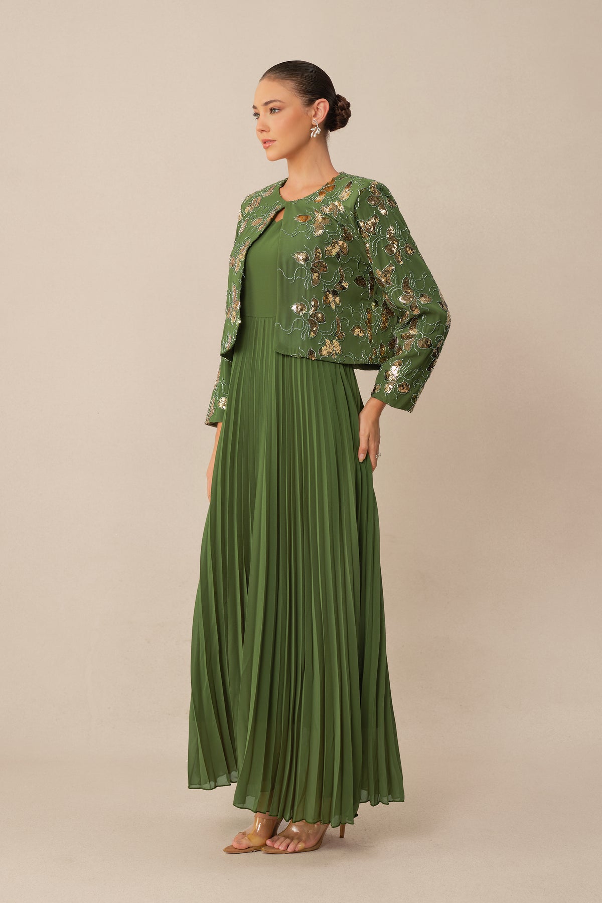 In My Element Green Sequin Floral Crop Jacket & Pleated Dress Set