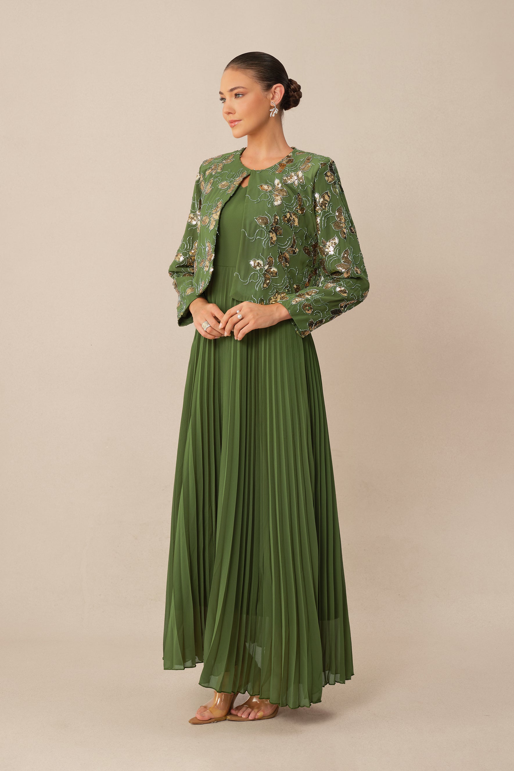 In My Element Green Sequin Floral Crop Jacket & Pleated Dress Set