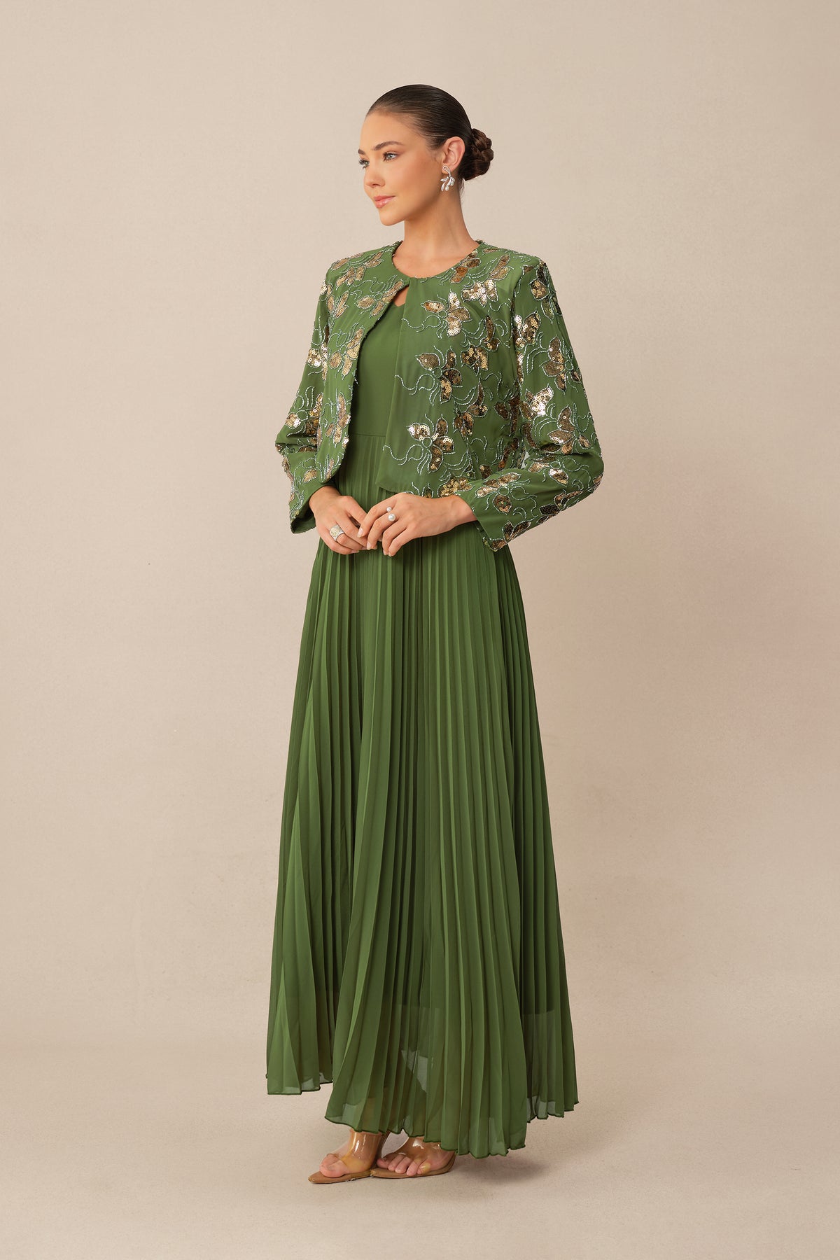 In My Element Green Sequin Floral Crop Jacket & Pleated Dress Set