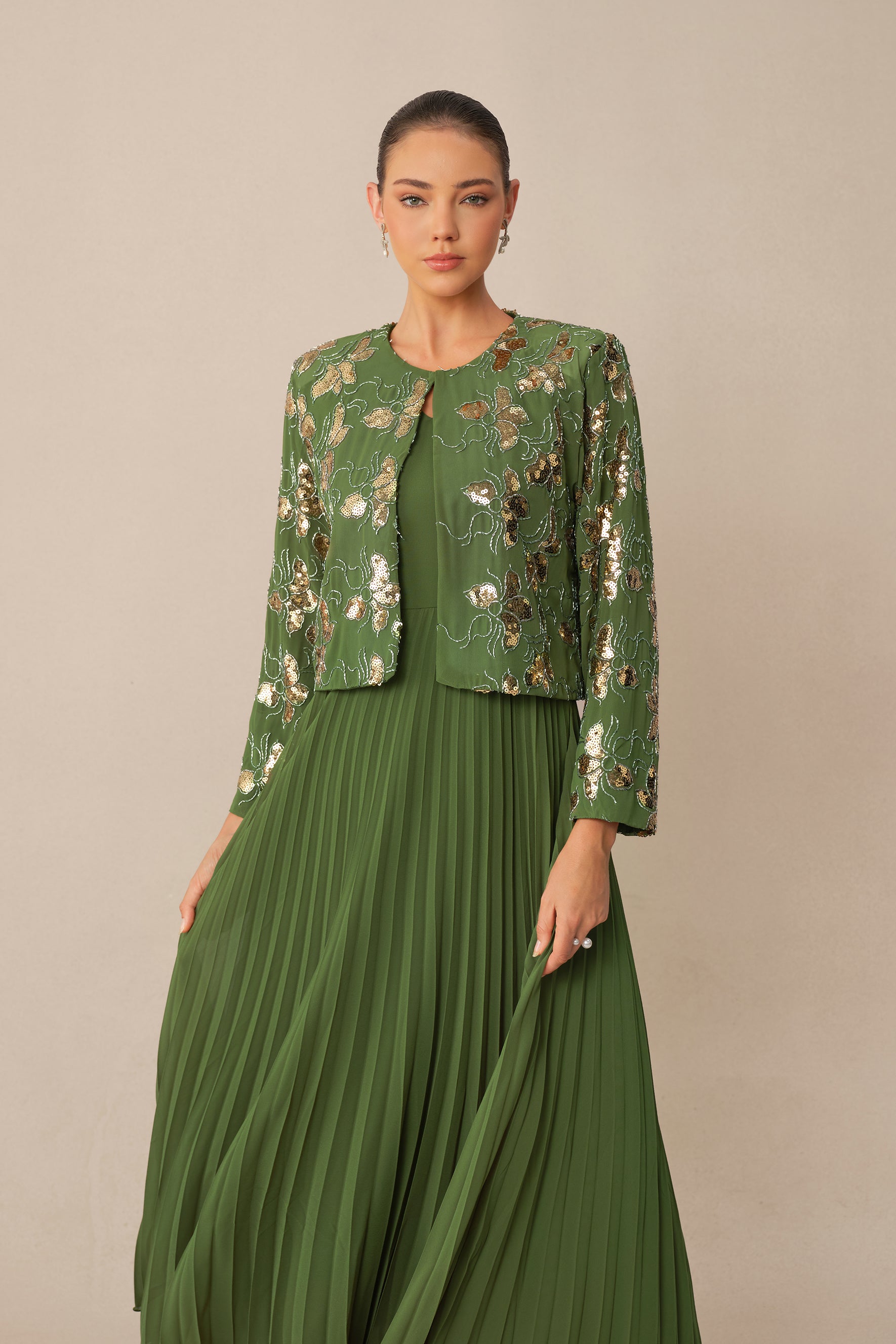 In My Element Green Sequin Floral Crop Jacket & Pleated Dress Set