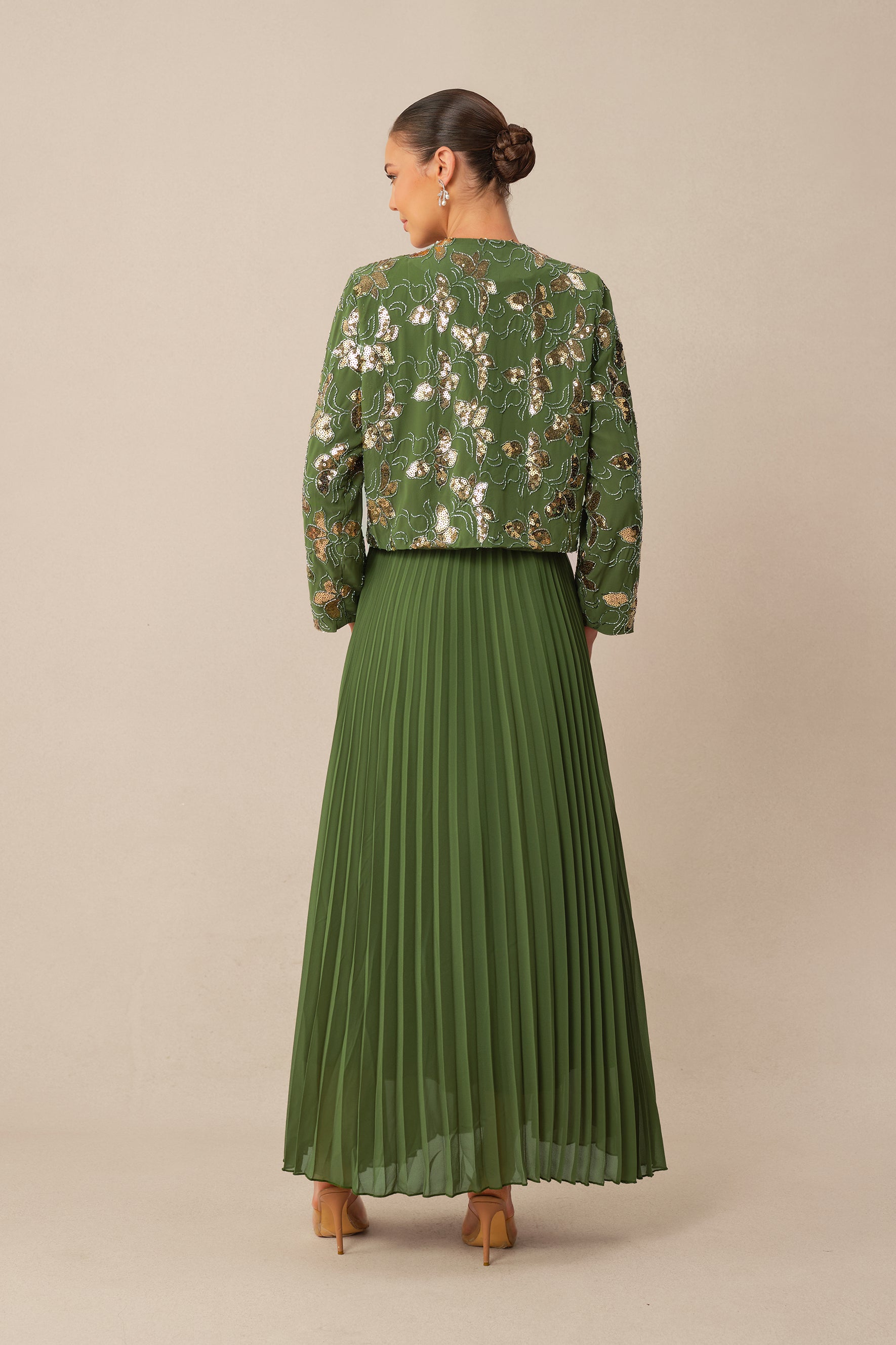 In My Element Green Sequin Floral Crop Jacket & Pleated Dress Set