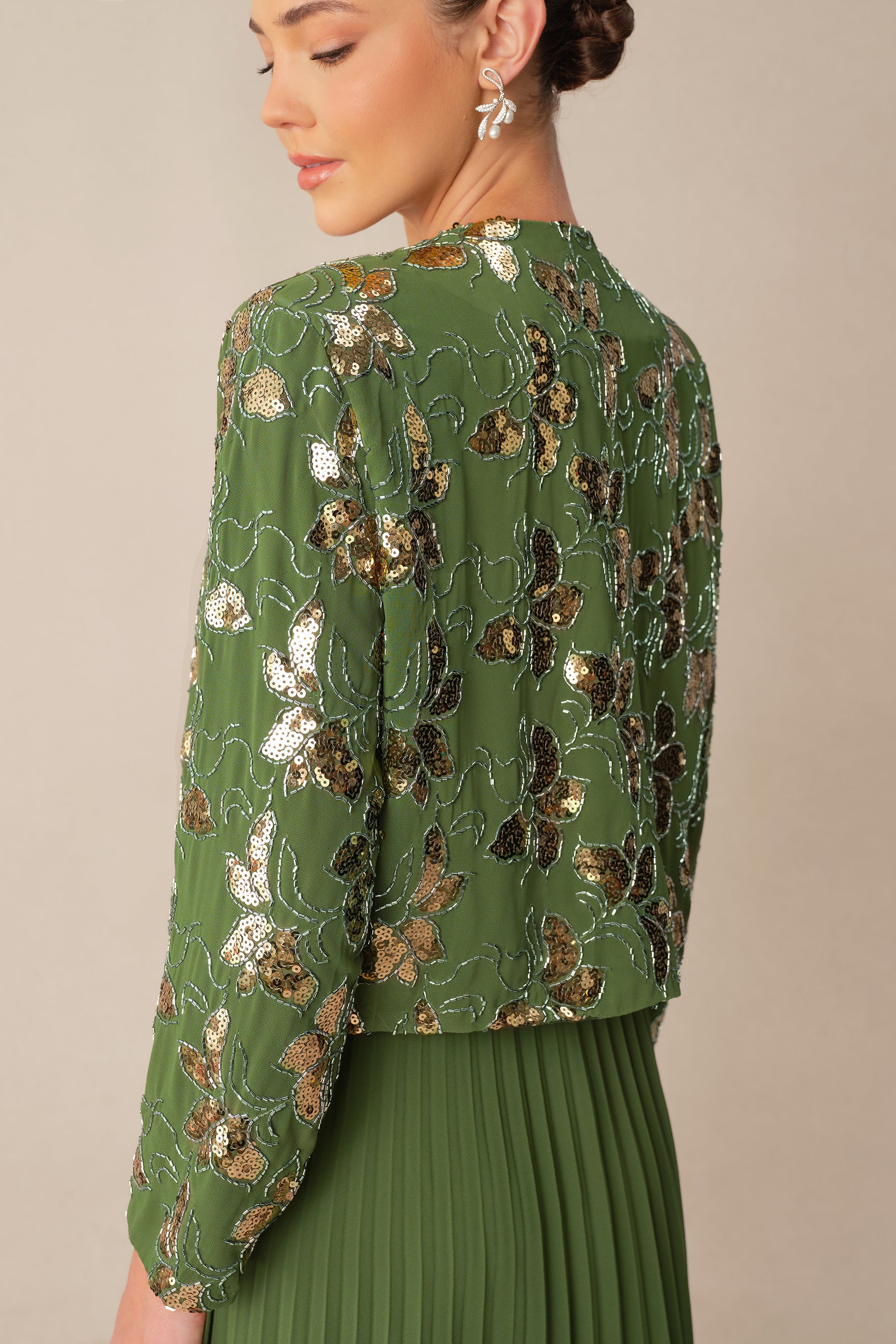 In My Element Green Sequin Floral Crop Jacket & Pleated Dress Set