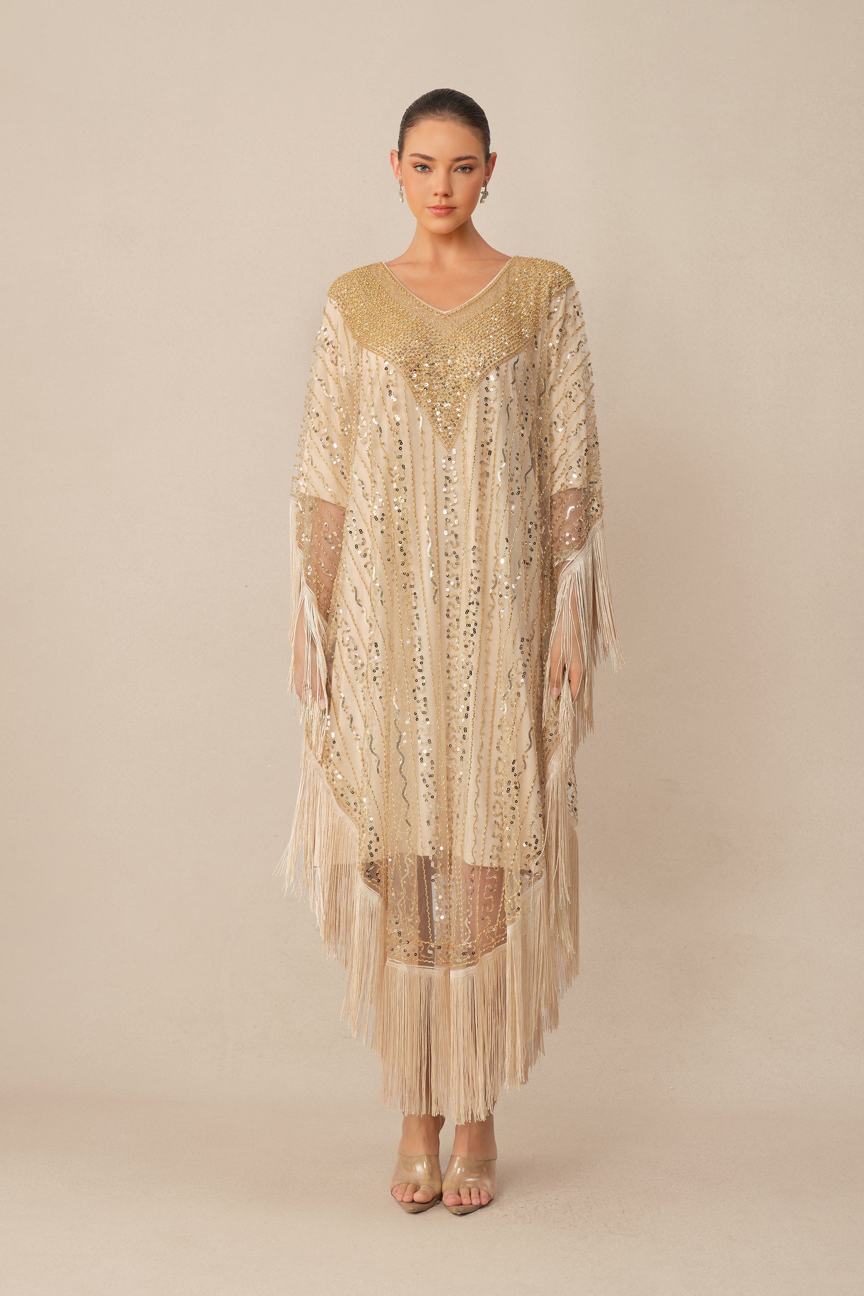 Turn Heads Tonight Beige Sequin Embellished Fringe Maxi Dress
