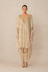 Turn Heads Tonight Beige Sequin Embellished Fringe Maxi Dress