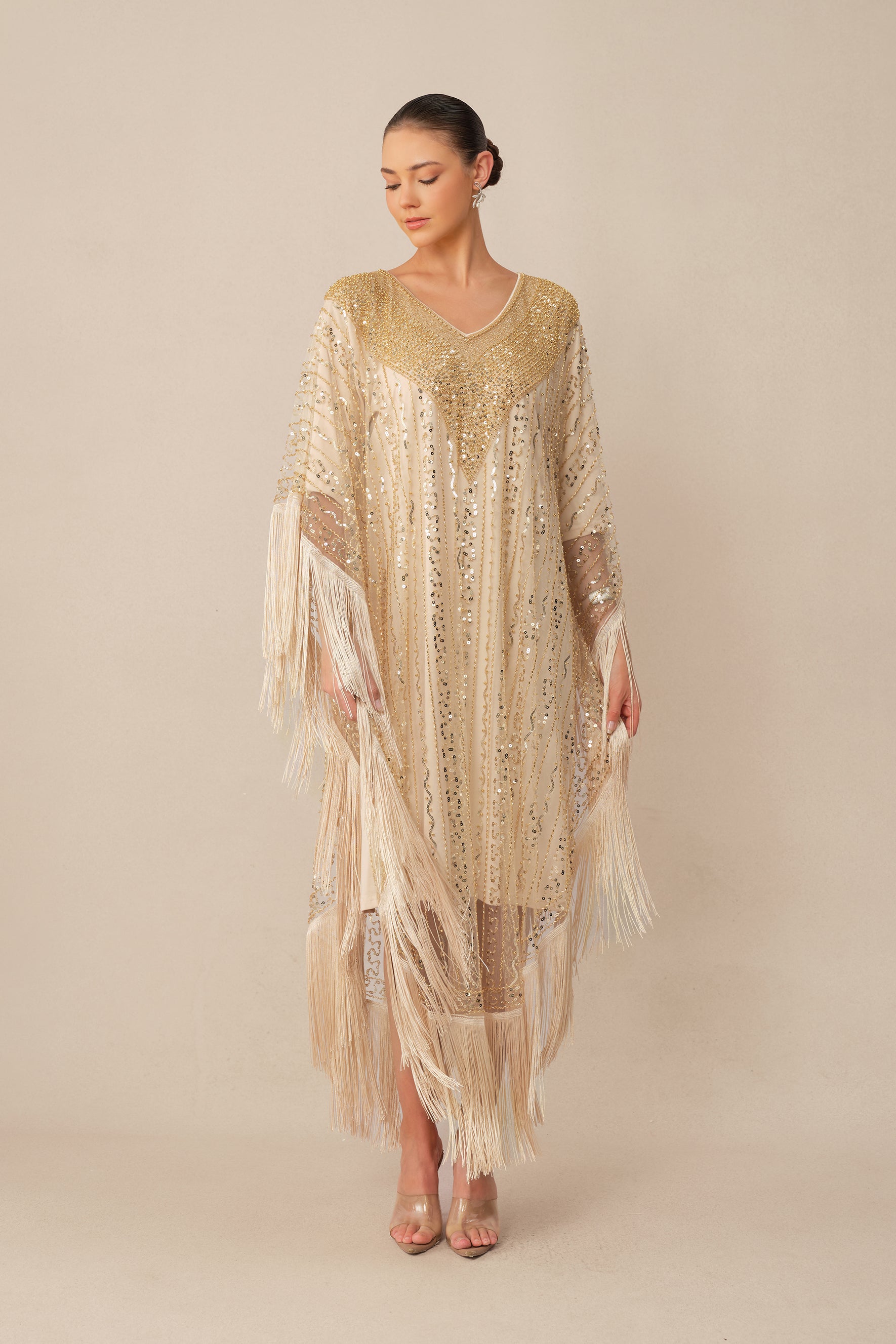 Turn Heads Tonight Beige Sequin Embellished Fringe Maxi Dress