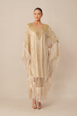 Turn Heads Tonight Beige Sequin Embellished Fringe Maxi Dress