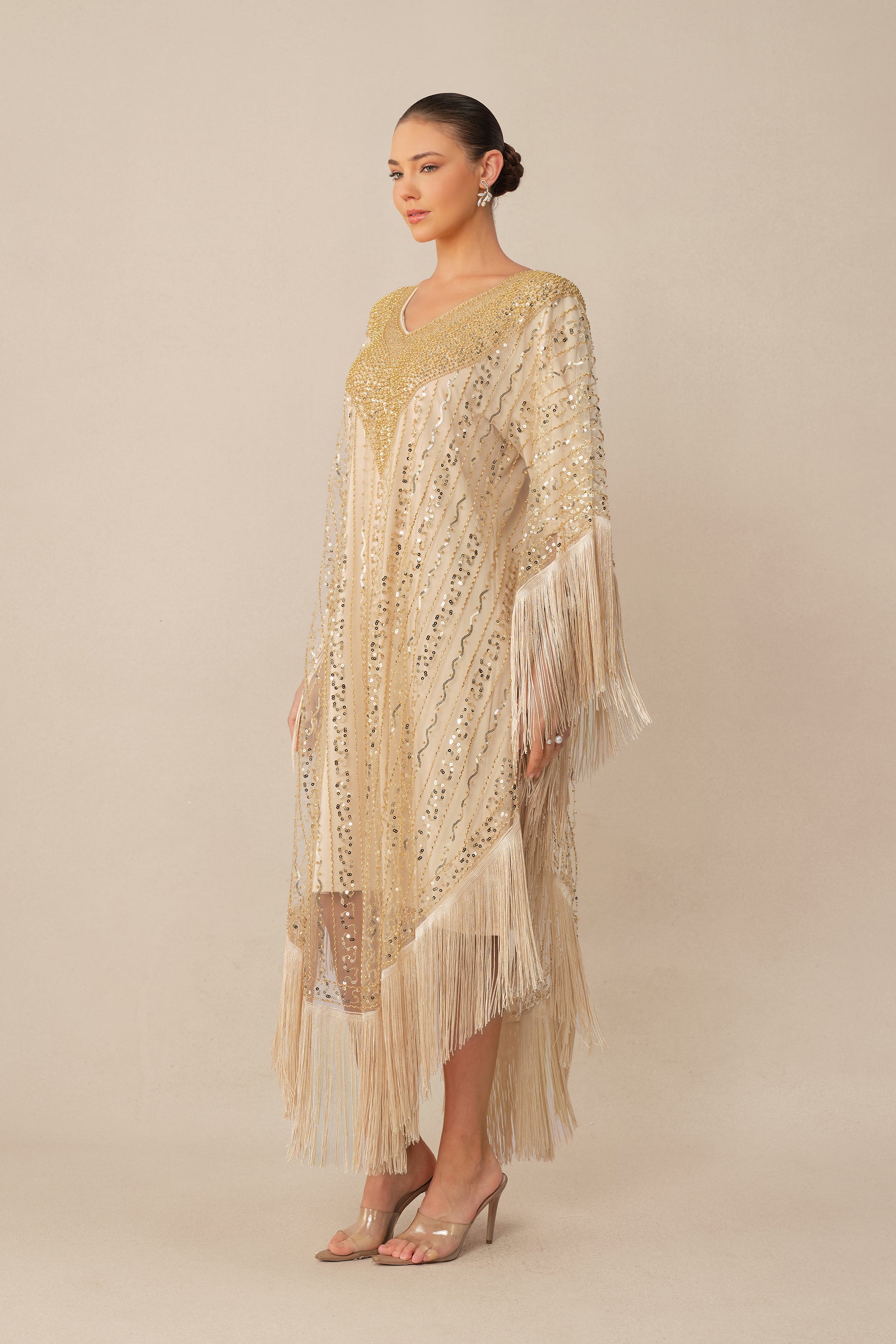 Turn Heads Tonight Beige Sequin Embellished Fringe Maxi Dress