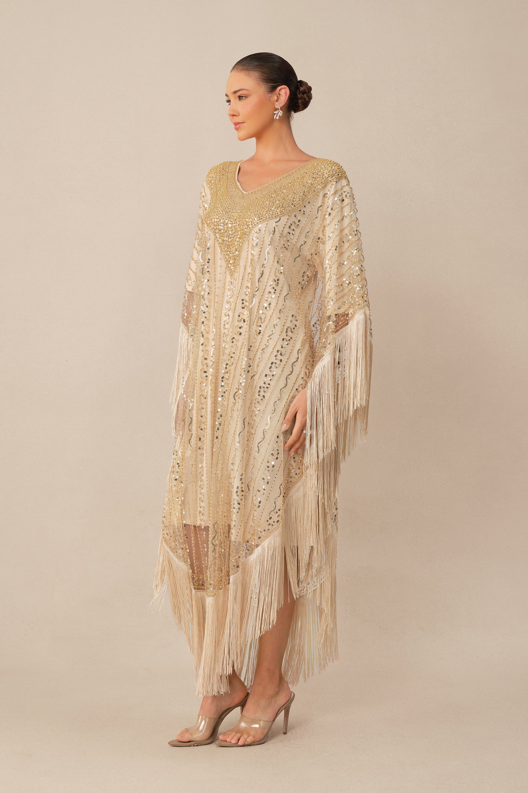 Turn Heads Tonight Beige Sequin Embellished Fringe Maxi Dress