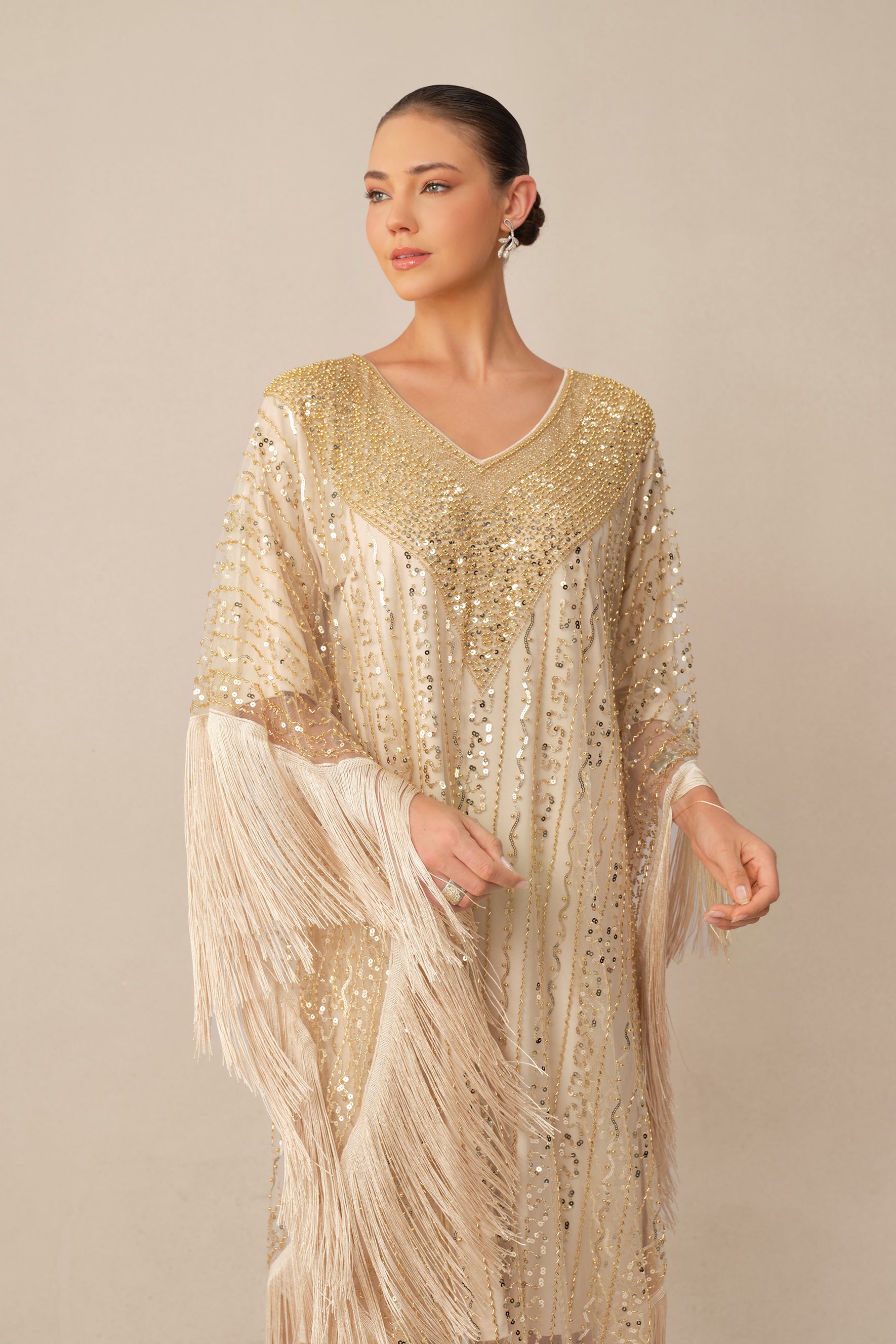 Turn Heads Tonight Beige Sequin Embellished Fringe Maxi Dress