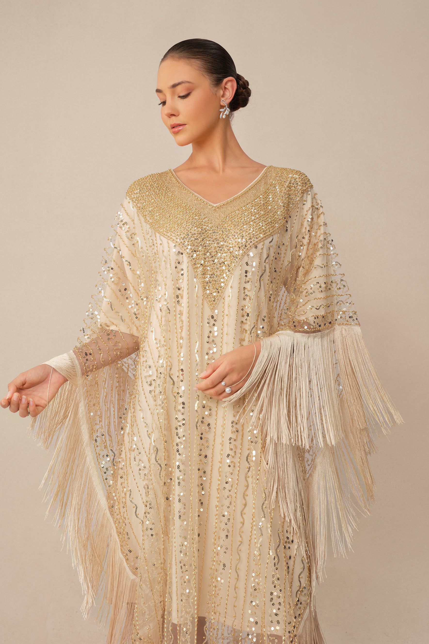 Turn Heads Tonight Beige Sequin Embellished Fringe Maxi Dress