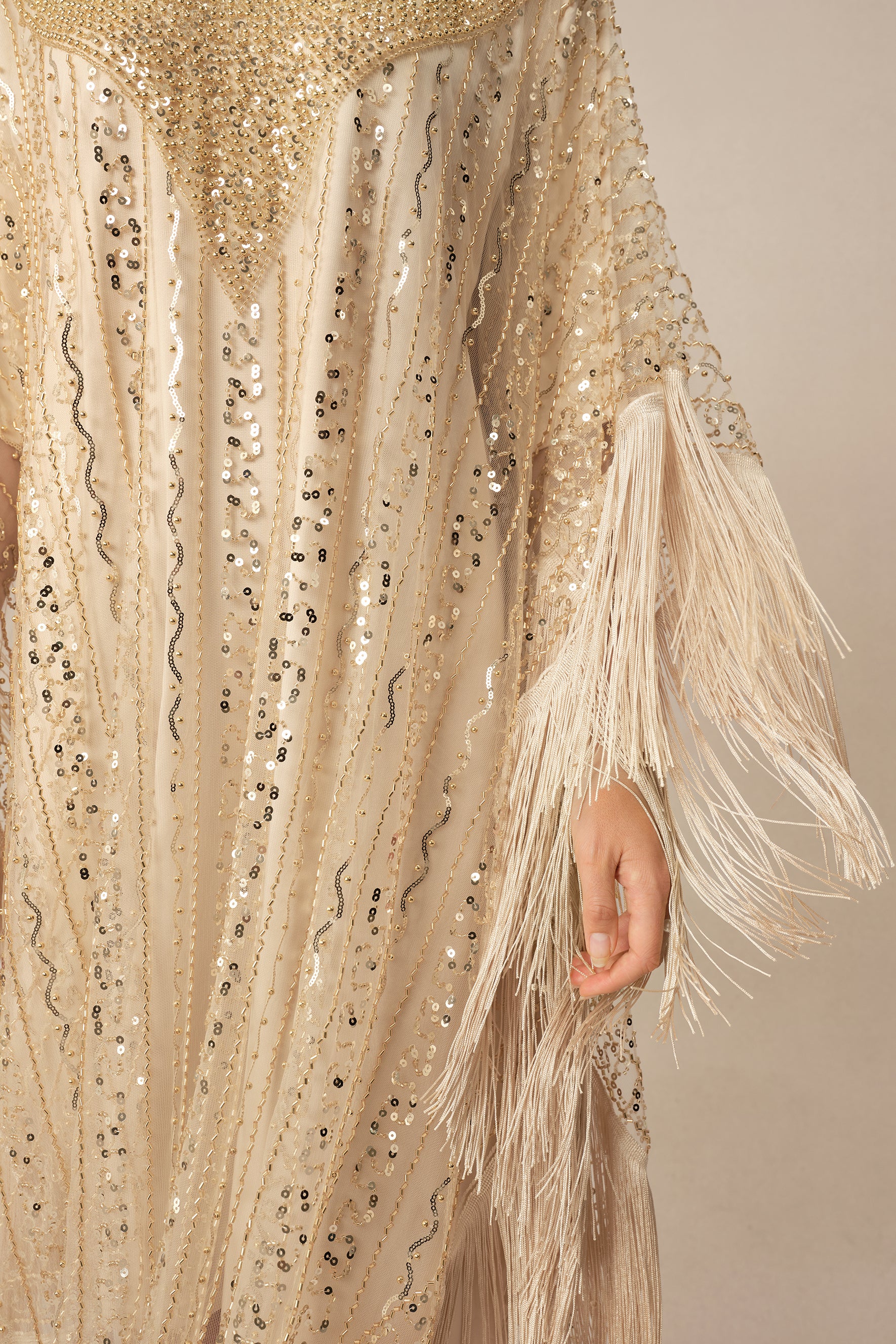 Turn Heads Tonight Beige Sequin Embellished Fringe Maxi Dress