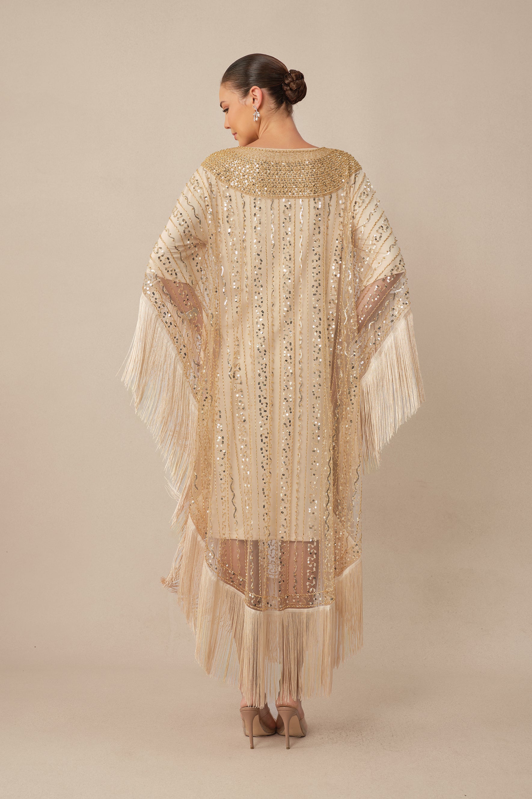 Turn Heads Tonight Beige Sequin Embellished Fringe Maxi Dress