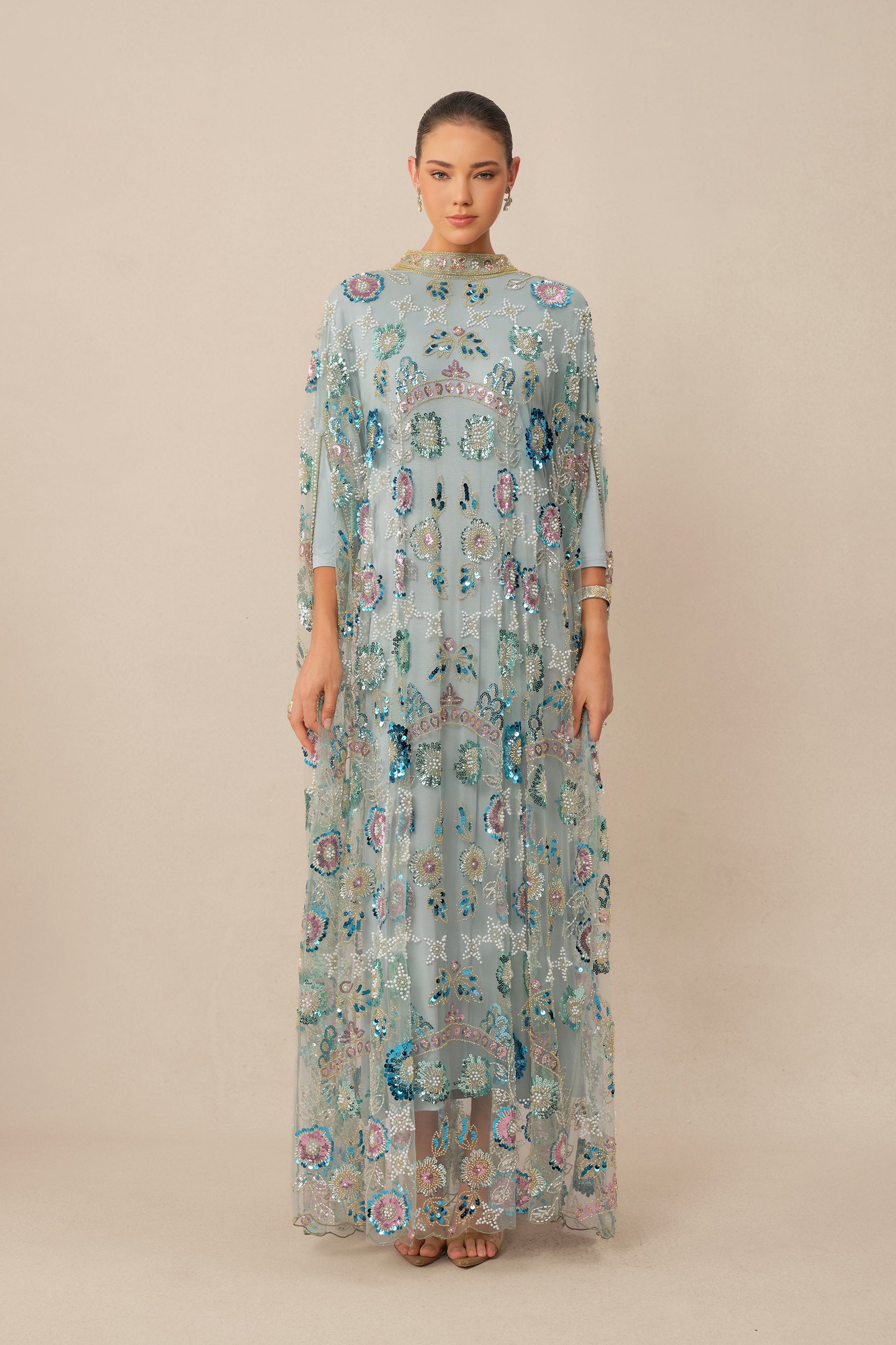 Make An Entrance Blue Floral Sequin Cape Maxi Dress