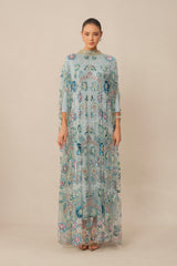 Make An Entrance Blue Floral Sequin Cape Maxi Dress