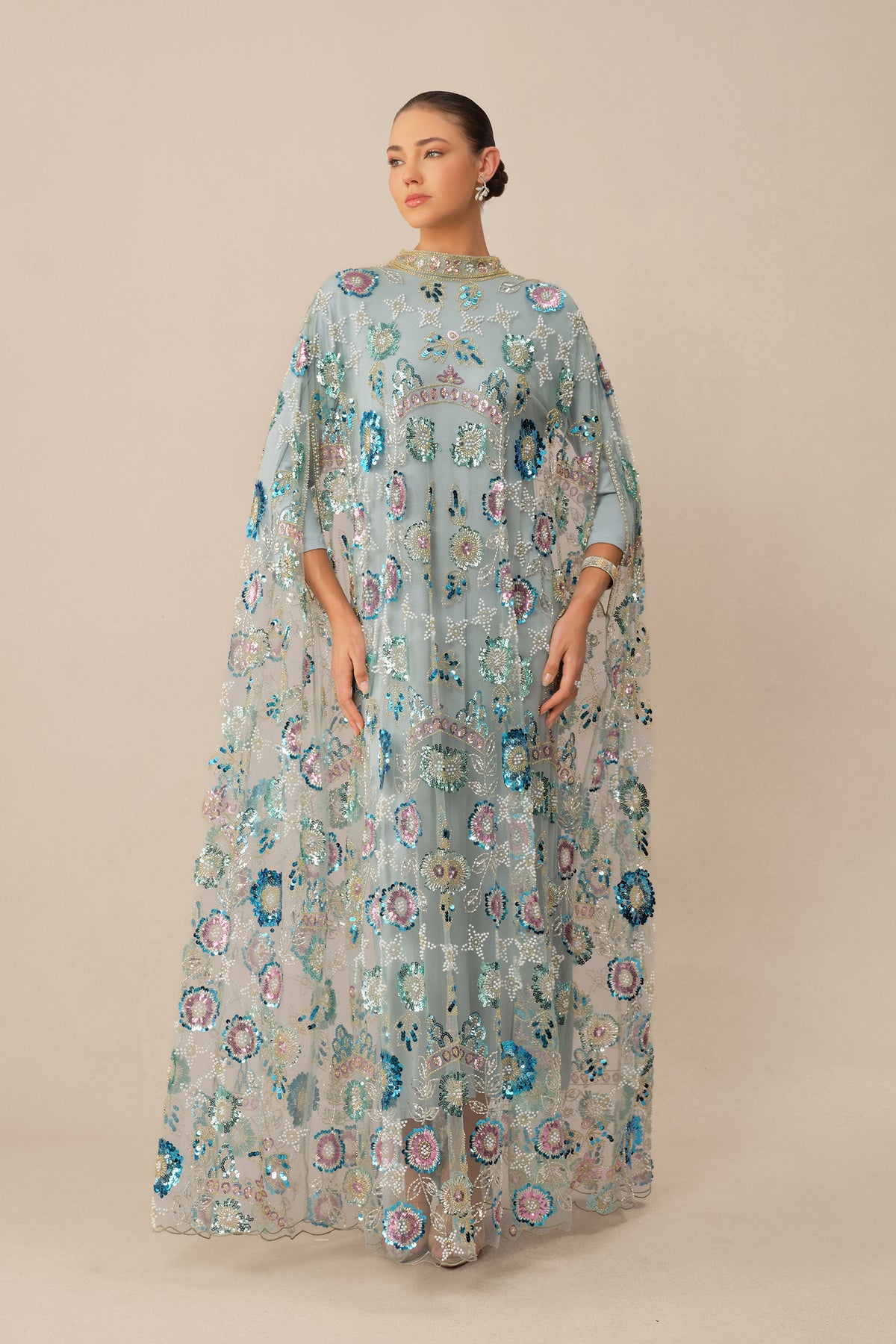 Make An Entrance Blue Floral Sequin Cape Maxi Dress