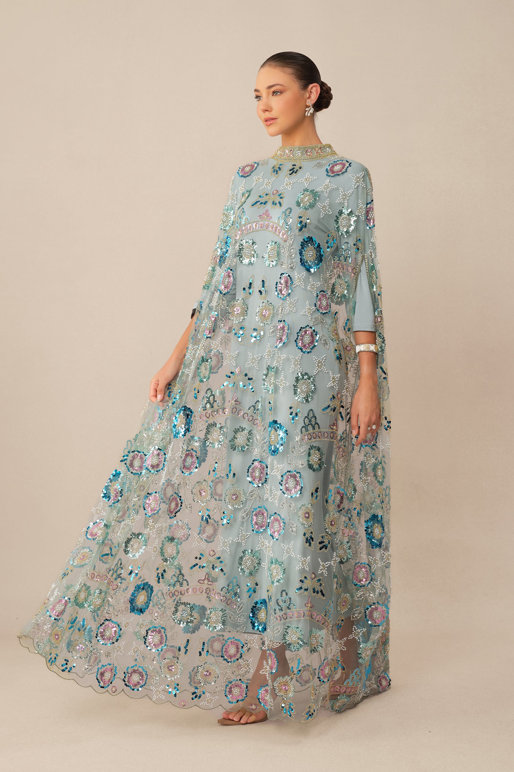 Make An Entrance Blue Floral Sequin Cape Maxi Dress
