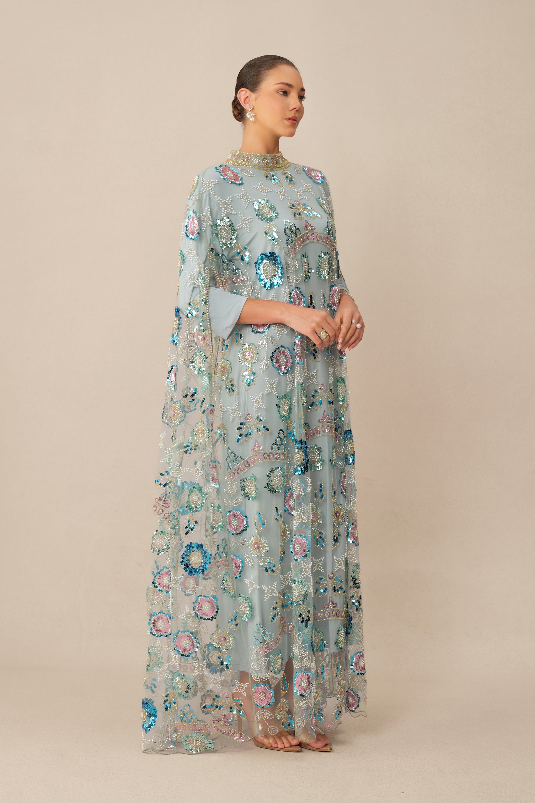 Make An Entrance Blue Floral Sequin Cape Maxi Dress