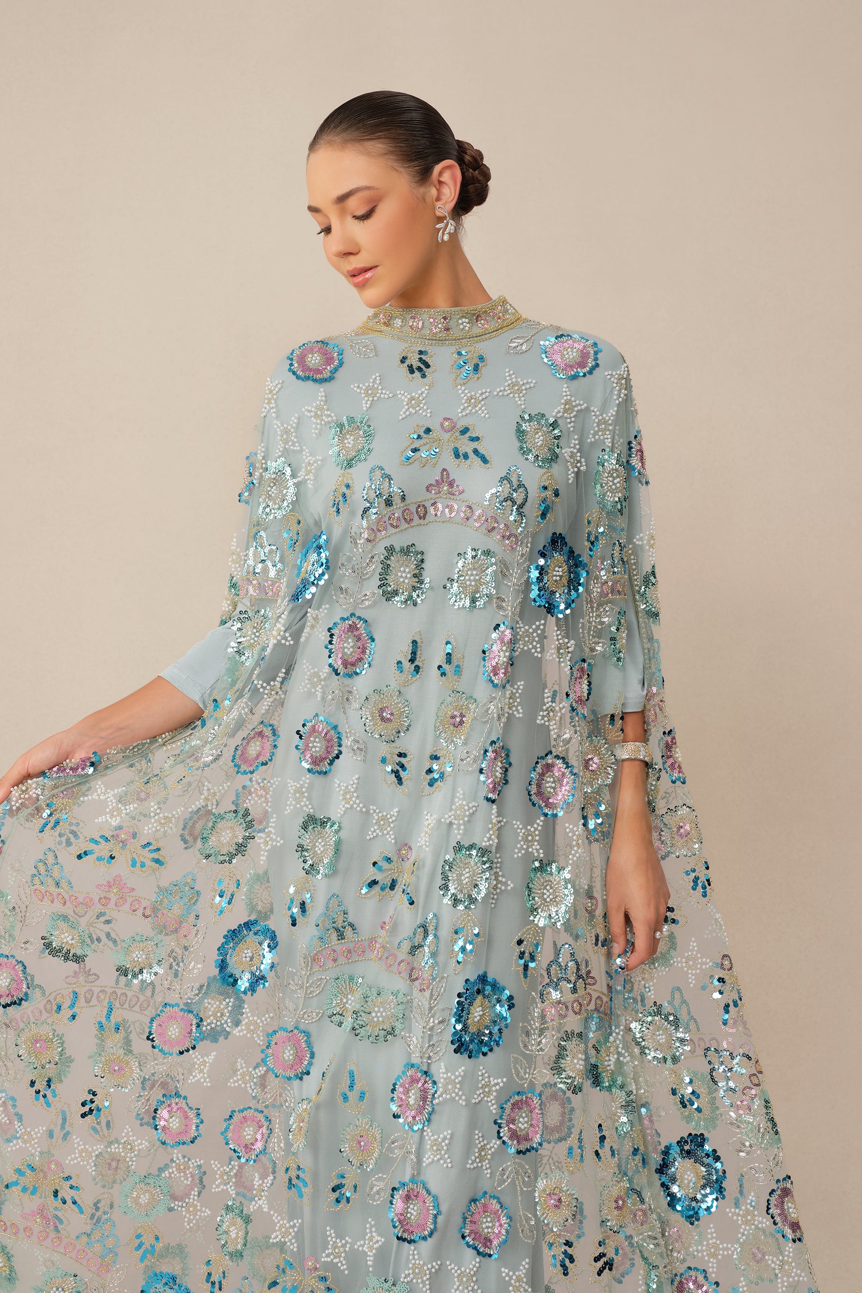Make An Entrance Blue Floral Sequin Cape Maxi Dress