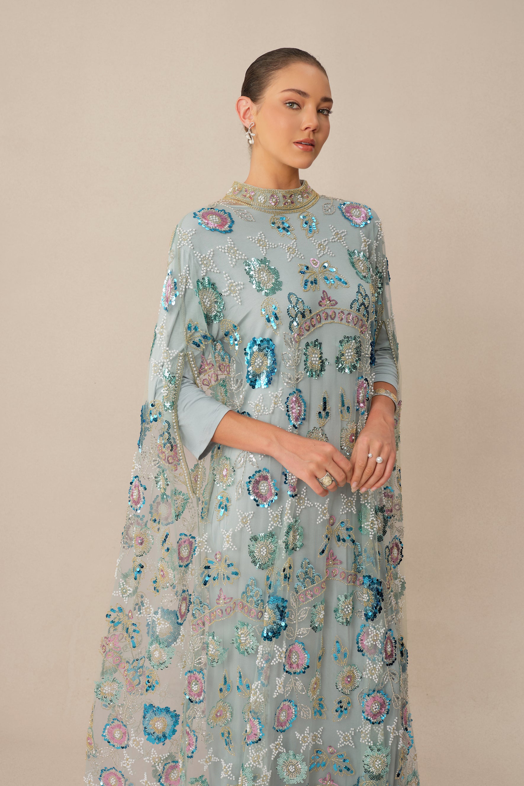 Make An Entrance Blue Floral Sequin Cape Maxi Dress