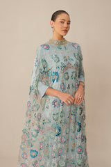 Make An Entrance Blue Floral Sequin Cape Maxi Dress