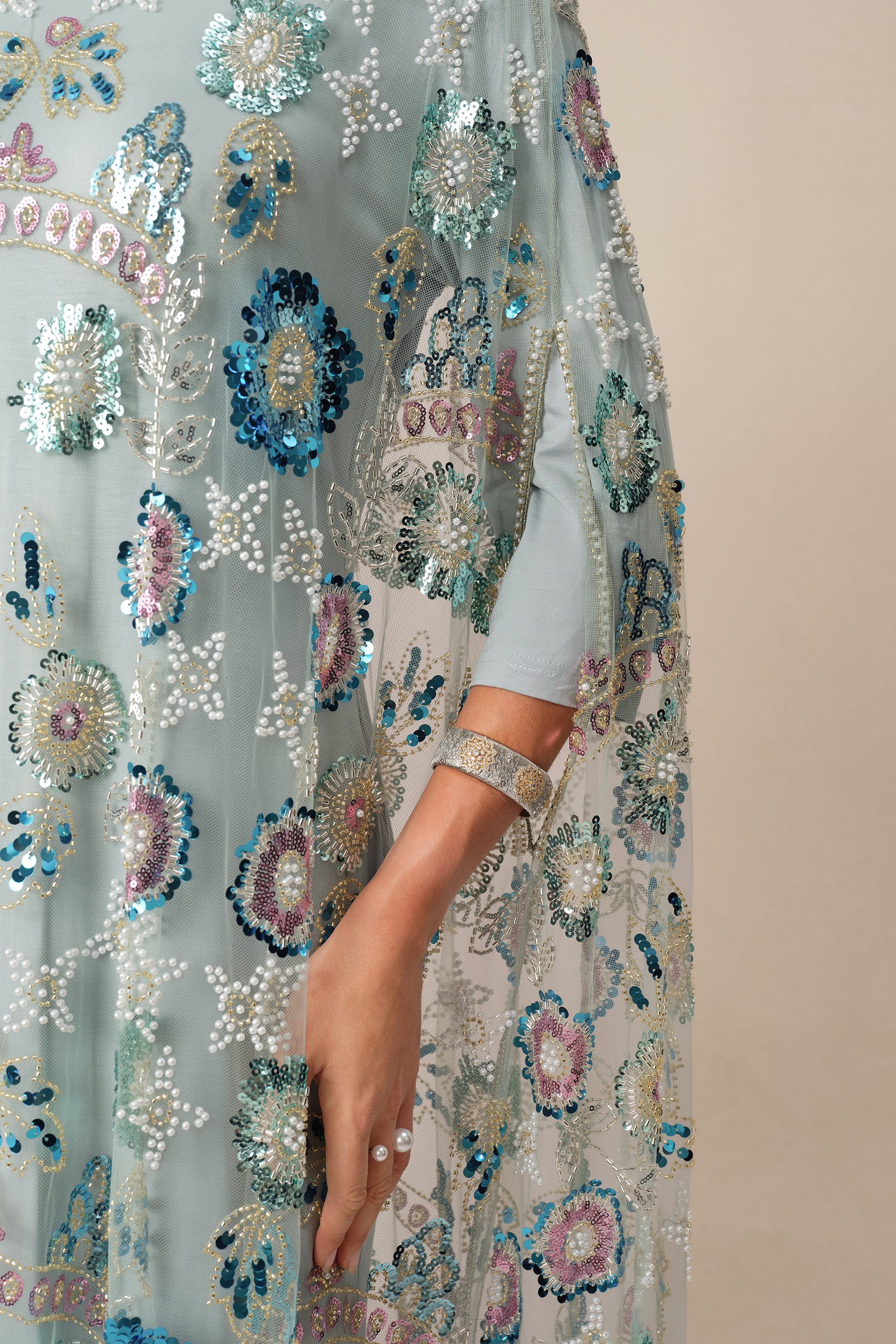 Make An Entrance Blue Floral Sequin Cape Maxi Dress