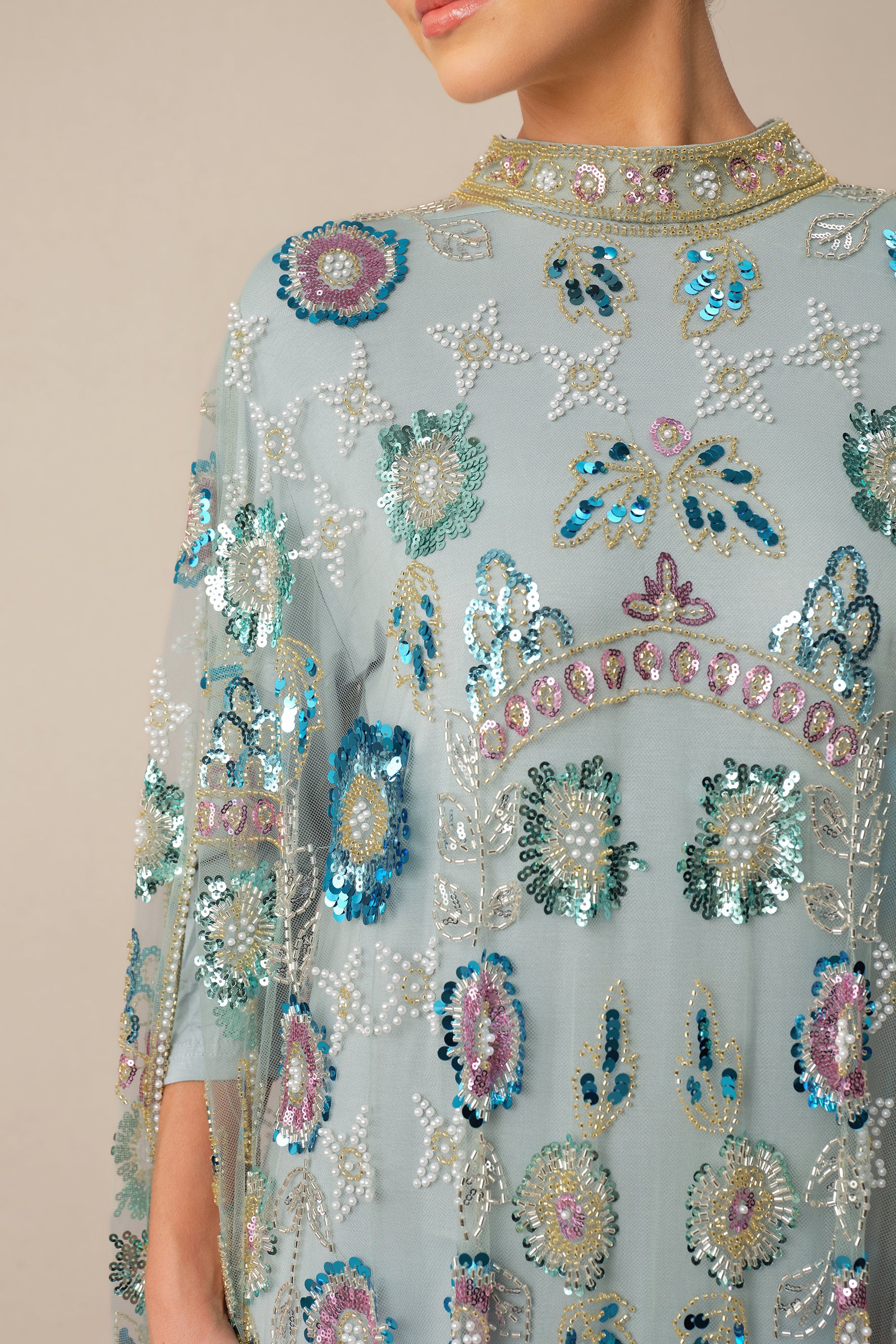Make An Entrance Blue Floral Sequin Cape Maxi Dress