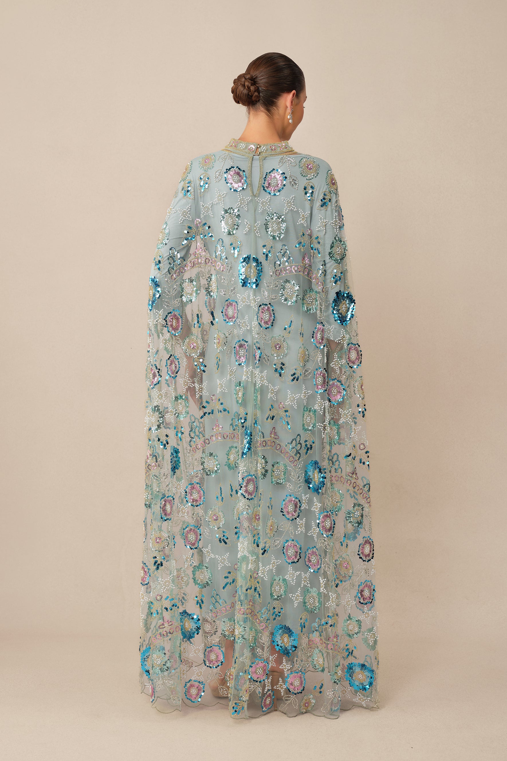 Make An Entrance Blue Floral Sequin Cape Maxi Dress