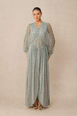 Moonlit Romance Blue Beaded Sheer Balloon Sleeve Maxi Dress