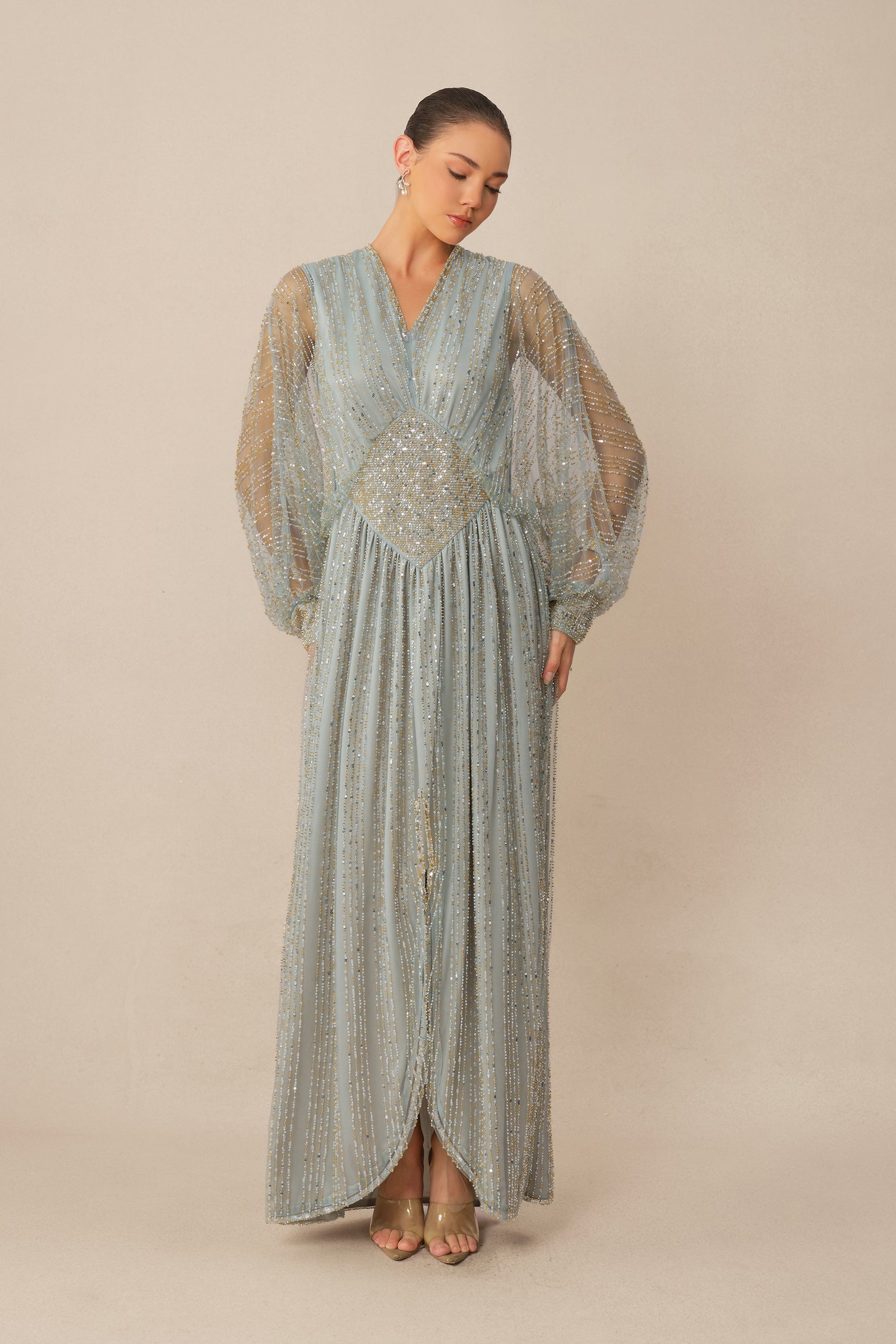 Moonlit Romance Blue Beaded Sheer Balloon Sleeve Maxi Dress