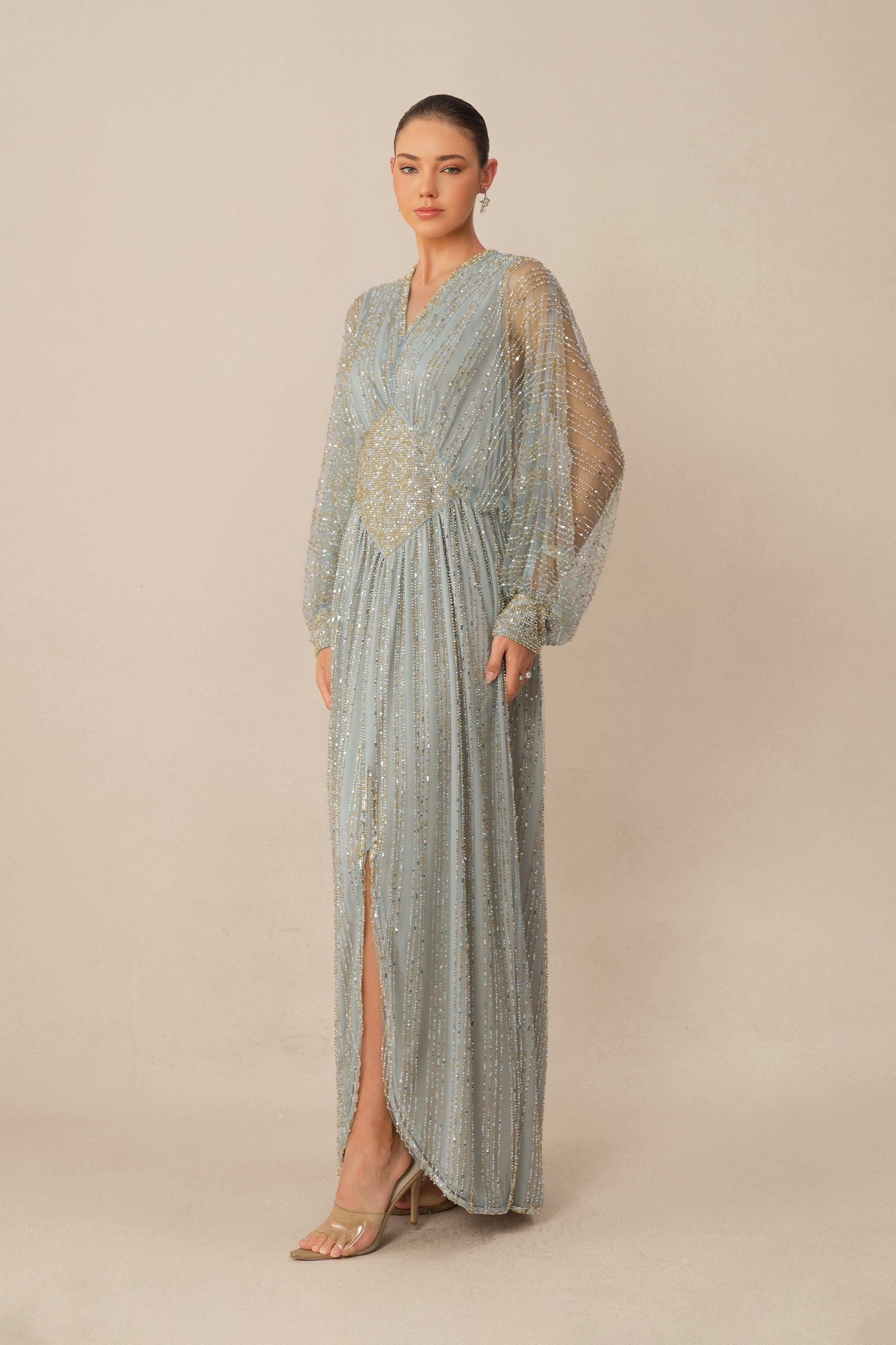 Moonlit Romance Blue Beaded Sheer Balloon Sleeve Maxi Dress