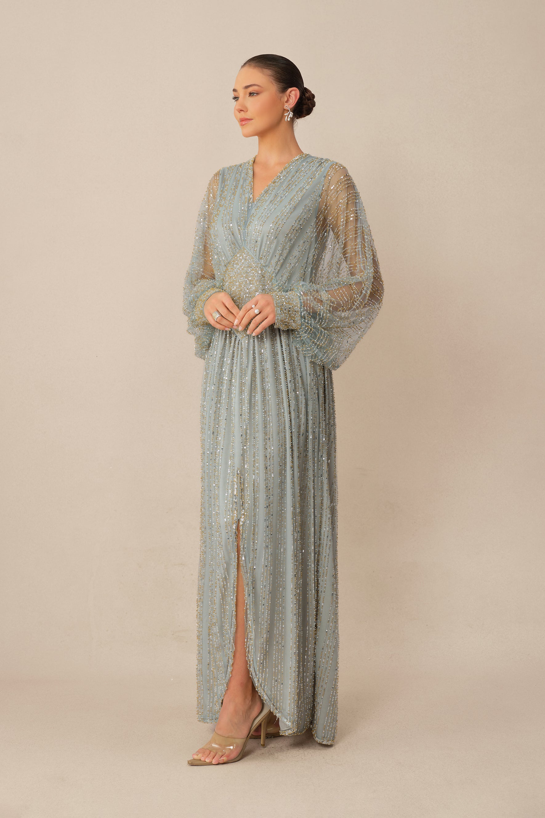 Moonlit Romance Blue Beaded Sheer Balloon Sleeve Maxi Dress