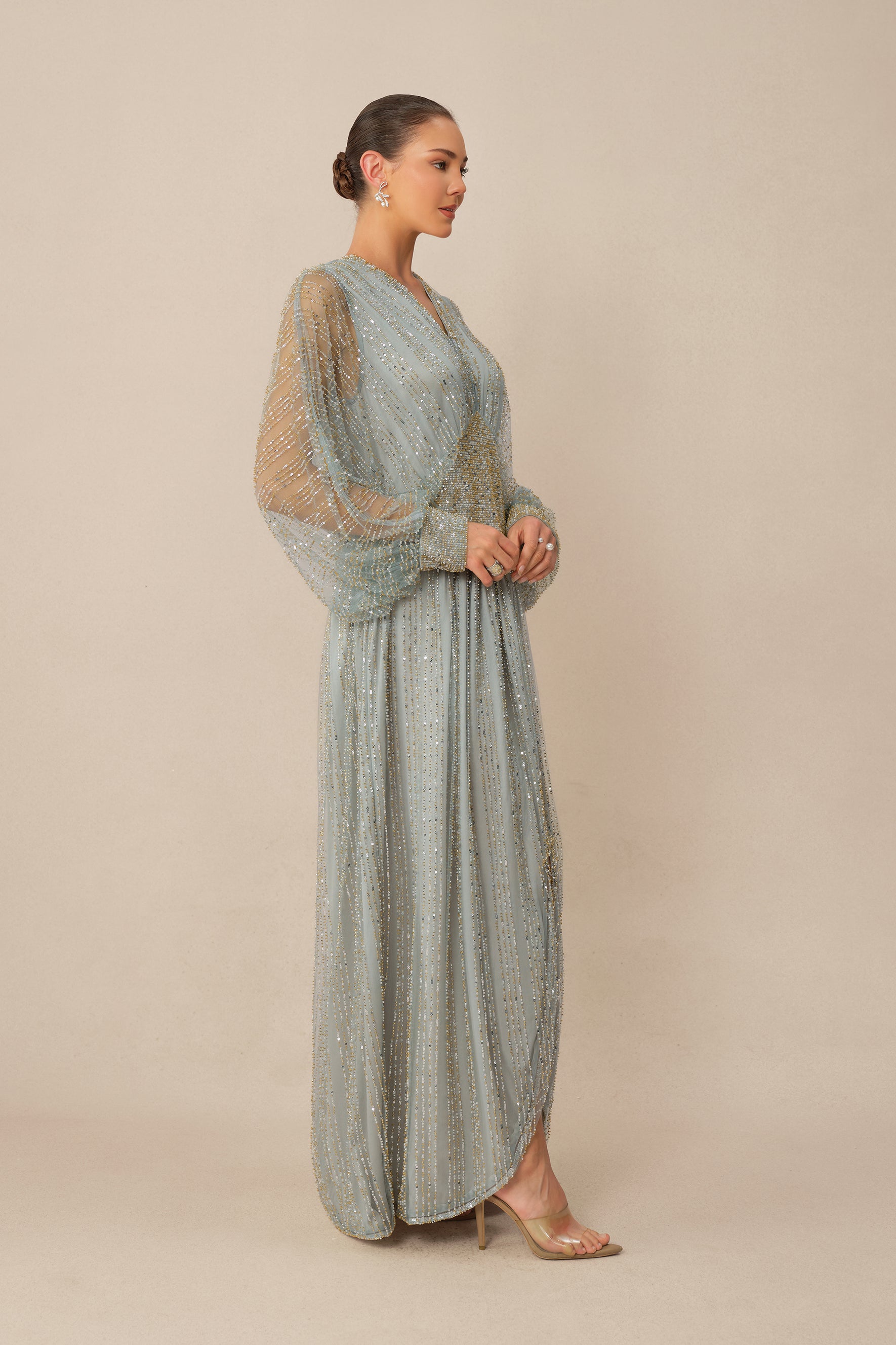 Moonlit Romance Blue Beaded Sheer Balloon Sleeve Maxi Dress