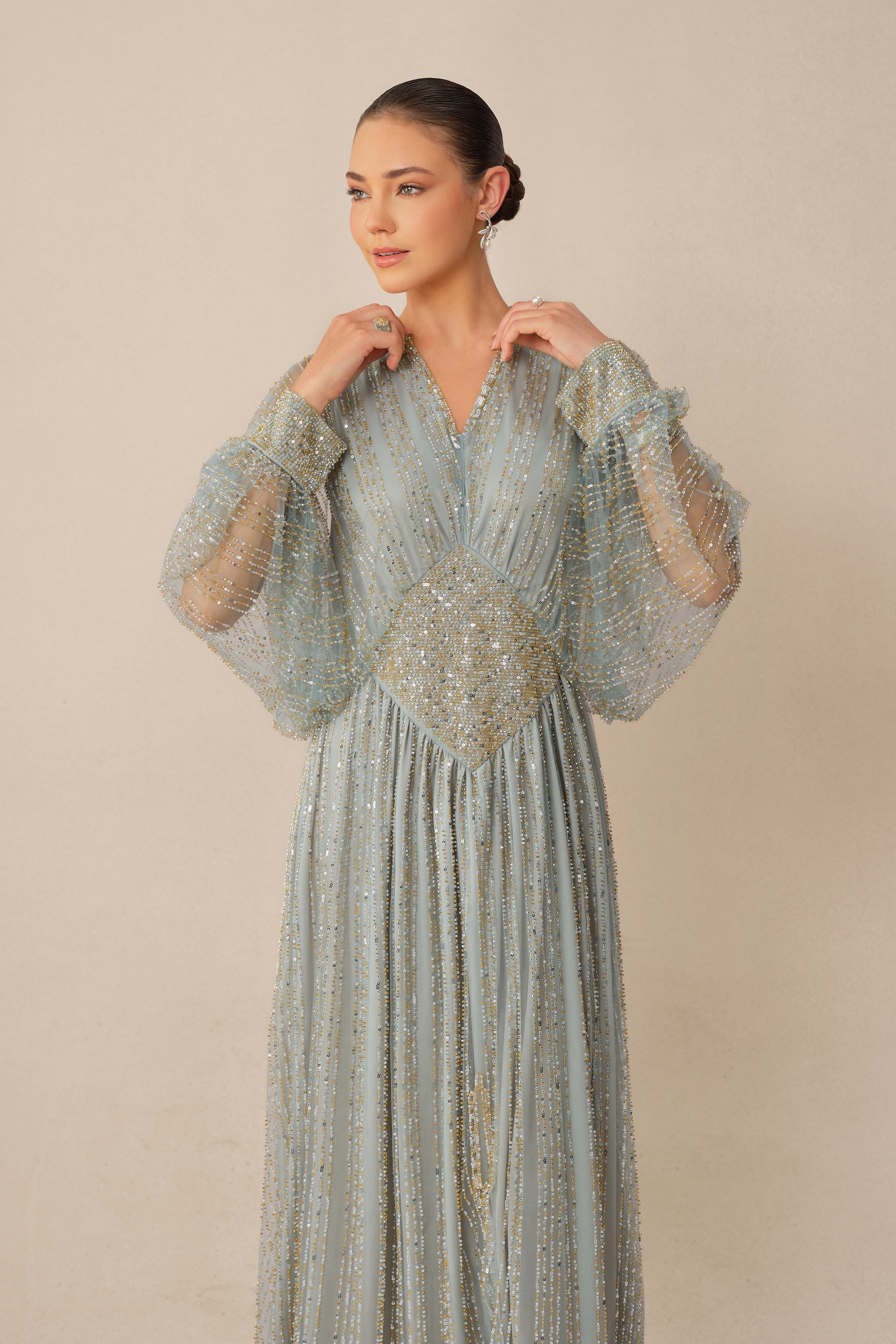 Moonlit Romance Blue Beaded Sheer Balloon Sleeve Maxi Dress