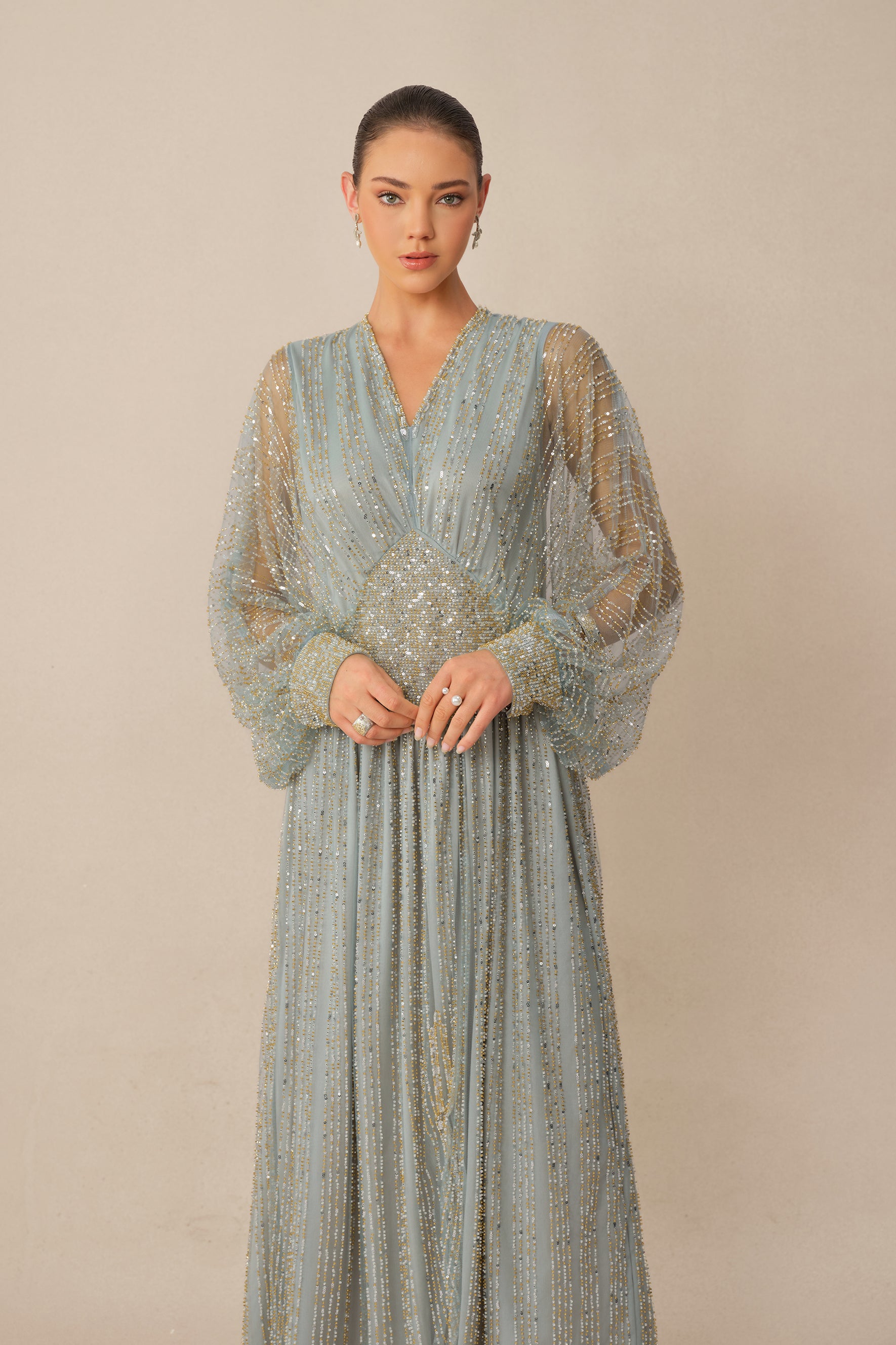 Moonlit Romance Blue Beaded Sheer Balloon Sleeve Maxi Dress