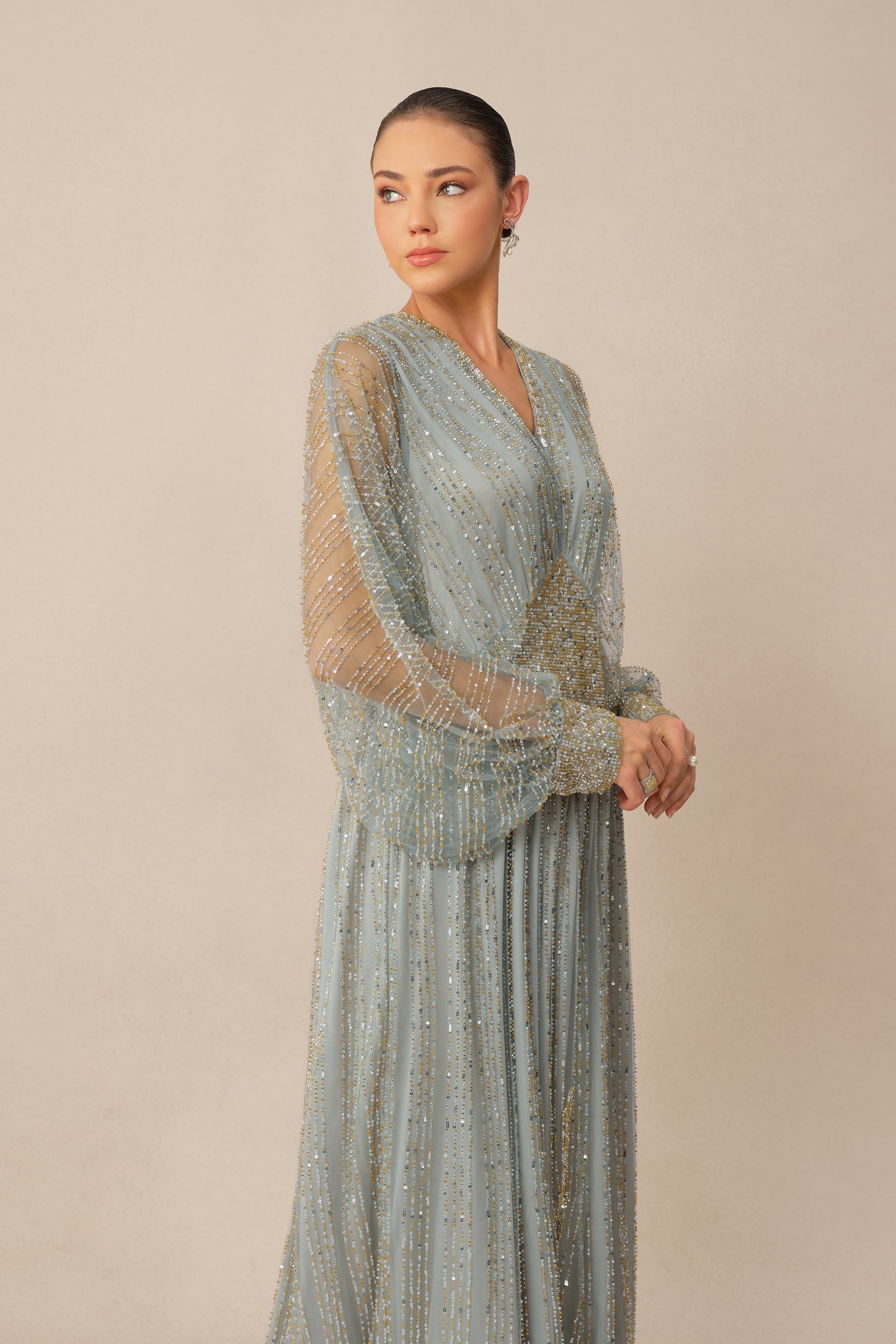 Moonlit Romance Blue Beaded Sheer Balloon Sleeve Maxi Dress