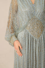 Moonlit Romance Blue Beaded Sheer Balloon Sleeve Maxi Dress