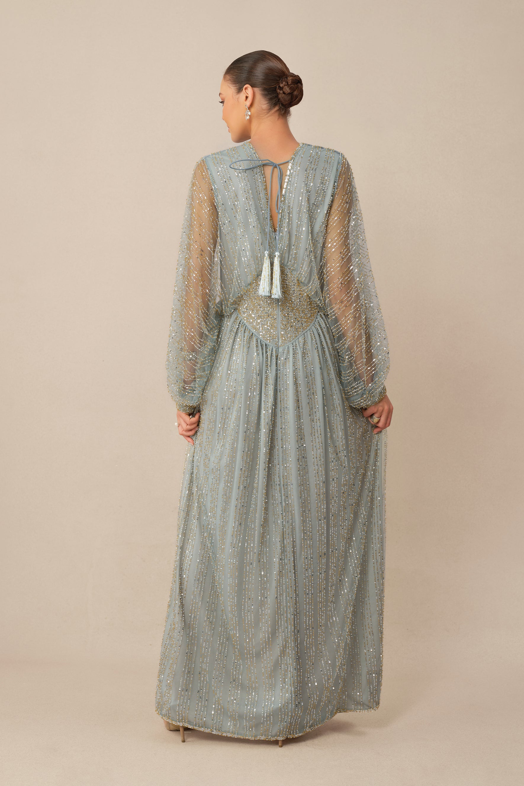 Moonlit Romance Blue Beaded Sheer Balloon Sleeve Maxi Dress