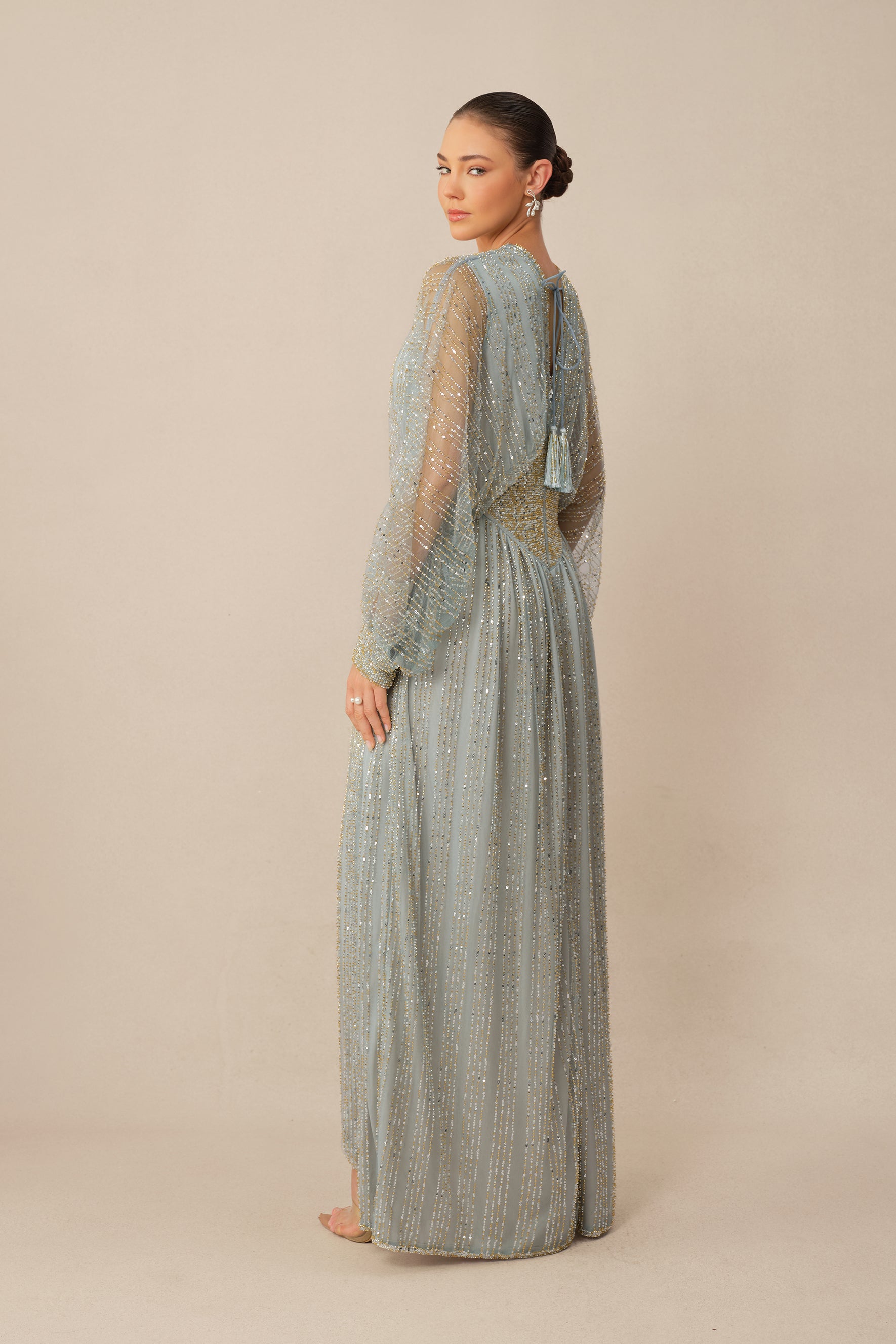 Moonlit Romance Blue Beaded Sheer Balloon Sleeve Maxi Dress