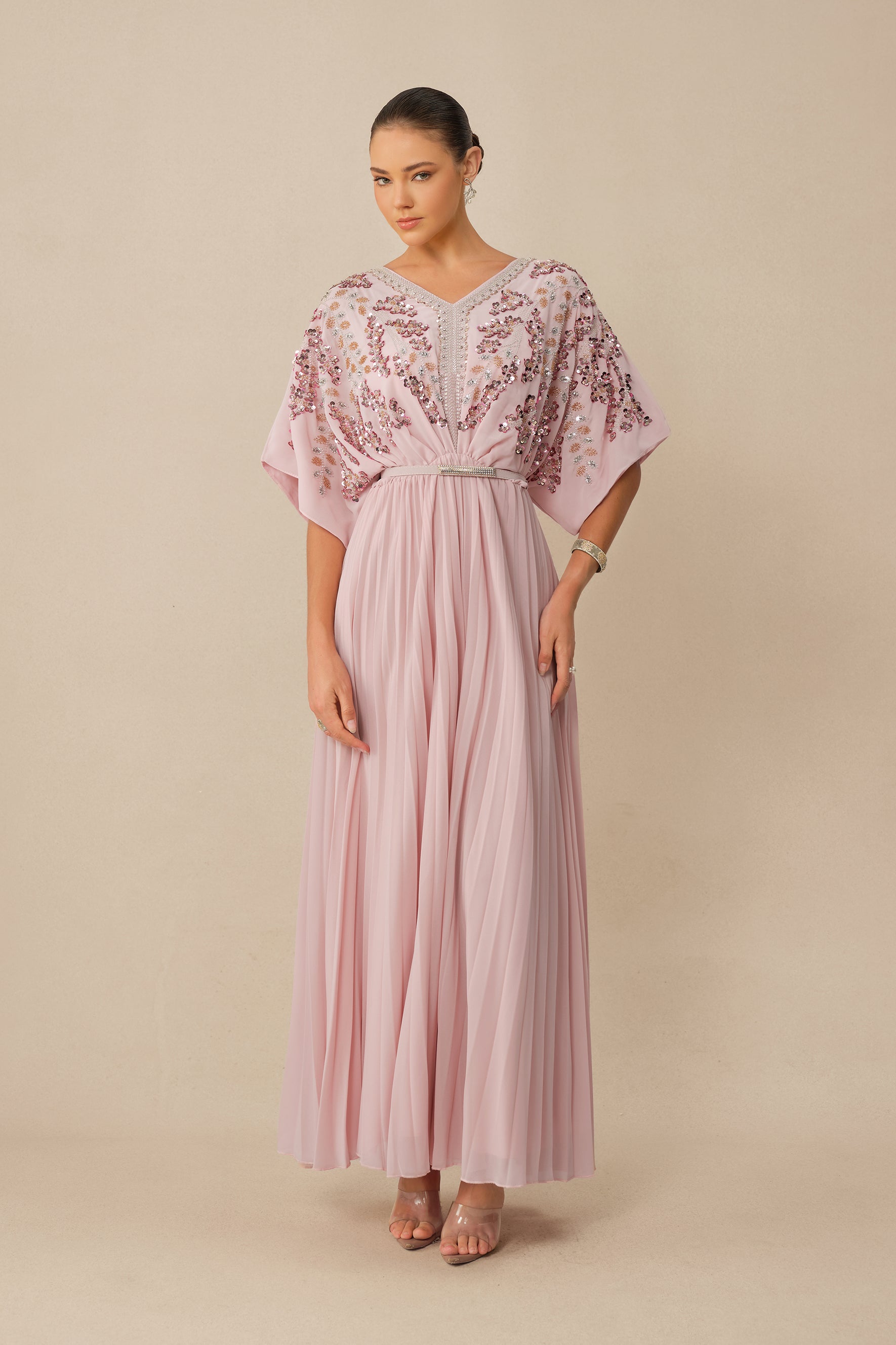 Endless Elegance Pink Sequin Embellished Batwing Sleeve Maxi Dress
